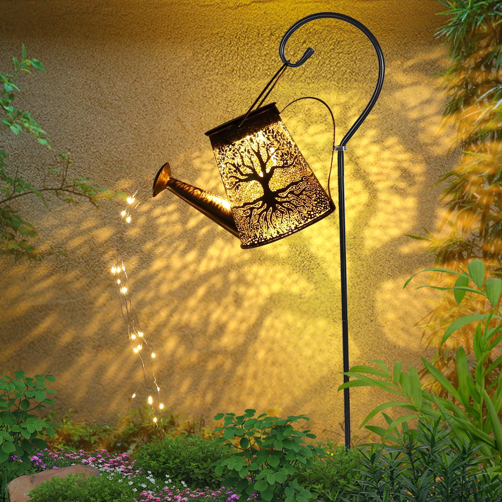 ZWOOS Solar Watering Can with Cascading Lights, Solar Waterfall Lights with String Lights, Waterproof Outdoor Solar Lights for Garden, Patio, Yard and Pathway (Big Tree)