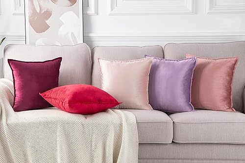 Miniatura 6 de MADIZZ Juego de 2 fundas de almohada decorativas de terciopelo súper suave de 18 x 18 pulgadas, cuadrado rosa con flecos, estilo lujoso, fundas de