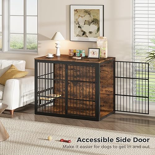 Miniatura 3 de Mueble de jaula para perros XXL de 48 pulgadas con alimentador giratorio, mesa auxiliar de madera grande, jaula de interior resistente para perros