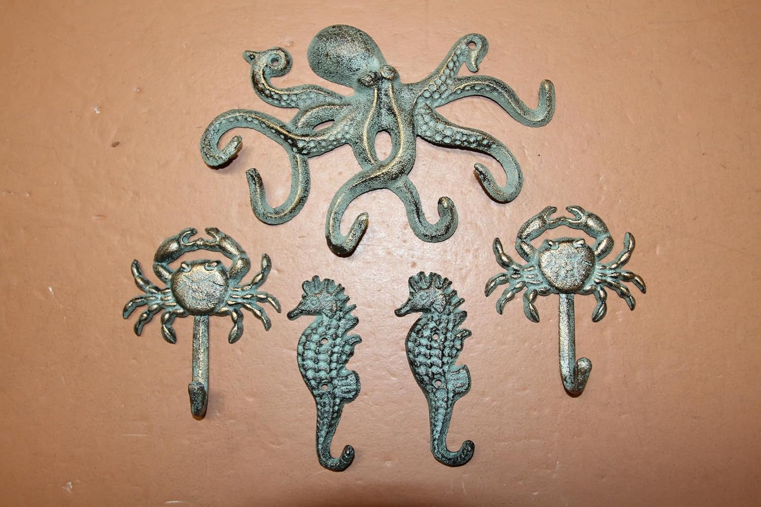 Ocean Life Wall Hook Set, 5 Piece Nautical Decor with Octopus, Crab, Seahorse, Blue-Green Bronze Finish, N-25,46, BL-34