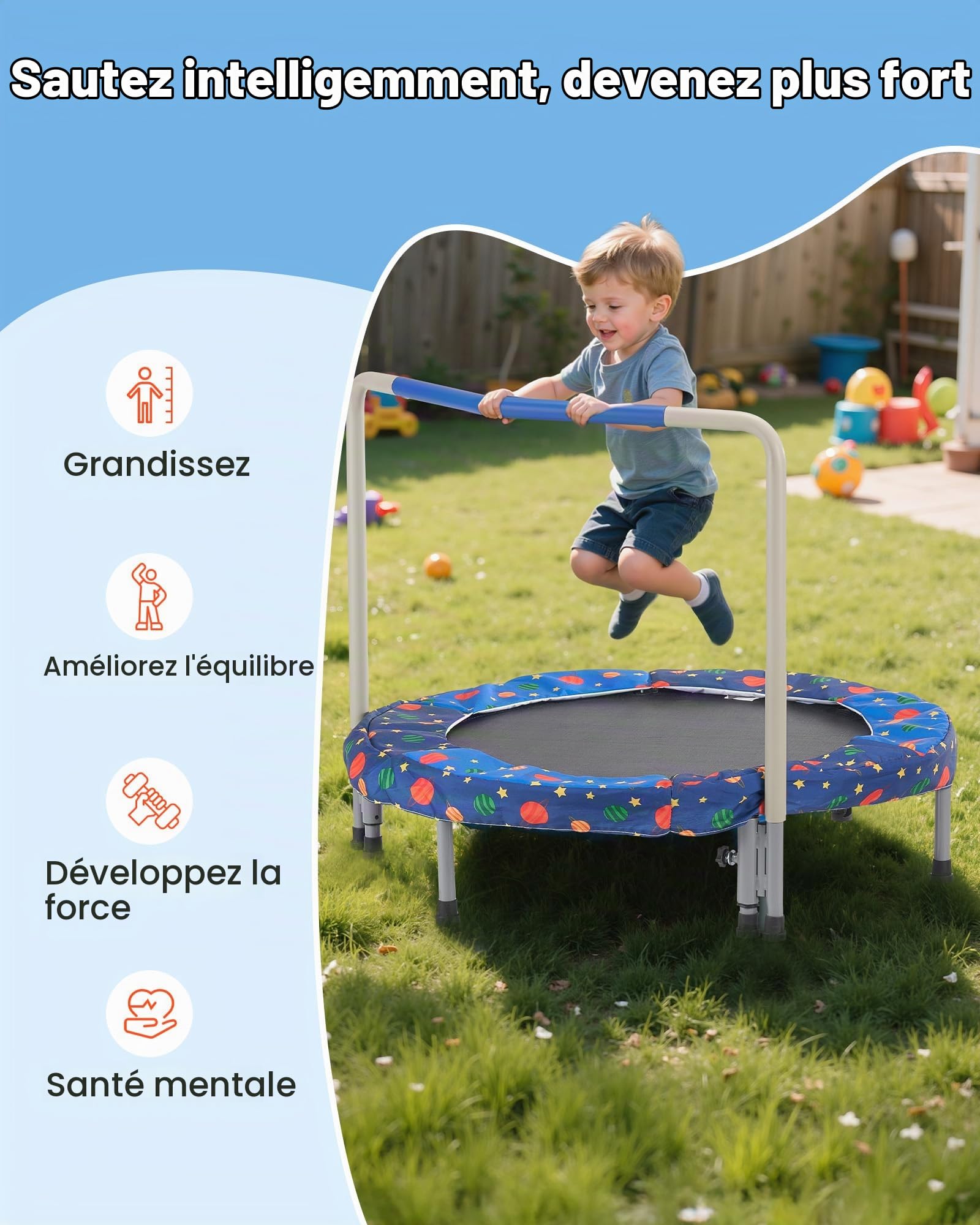 VEVOR Mini Trampoline Pliable pour Enfant, 955 x 750 mm, Fitness rebounder pour Tout-Petits avec poignée, Cadeau d'anniversaire pour Enfants de 3 Ans et Plus, garçons et Filles pour s'amuser, Bleu