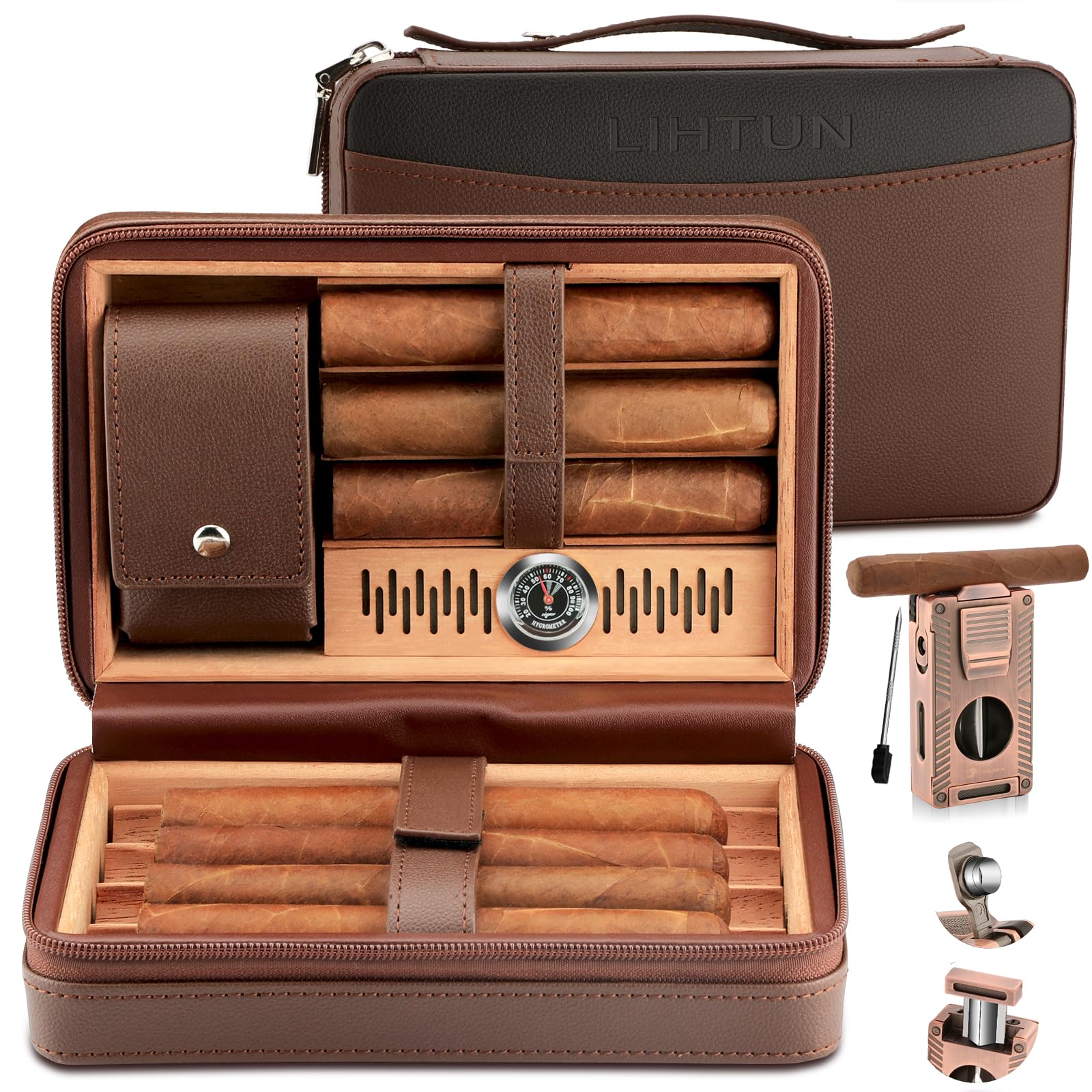 LIHTUN Cigar Humidor, Leather Travel Cedar Humidor with 5-in-1 Multifunctional Cigar Lighter Set, Portable Travel Humidor and Moisture Meter