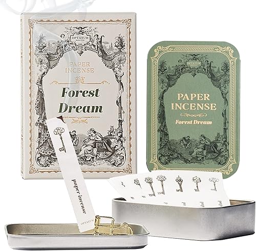 OPTATUM Kit de incienso de papel para fragancia de habitación, 48 piezas, caja de metal vintage, papel de incienso con buen olor para relajación y
