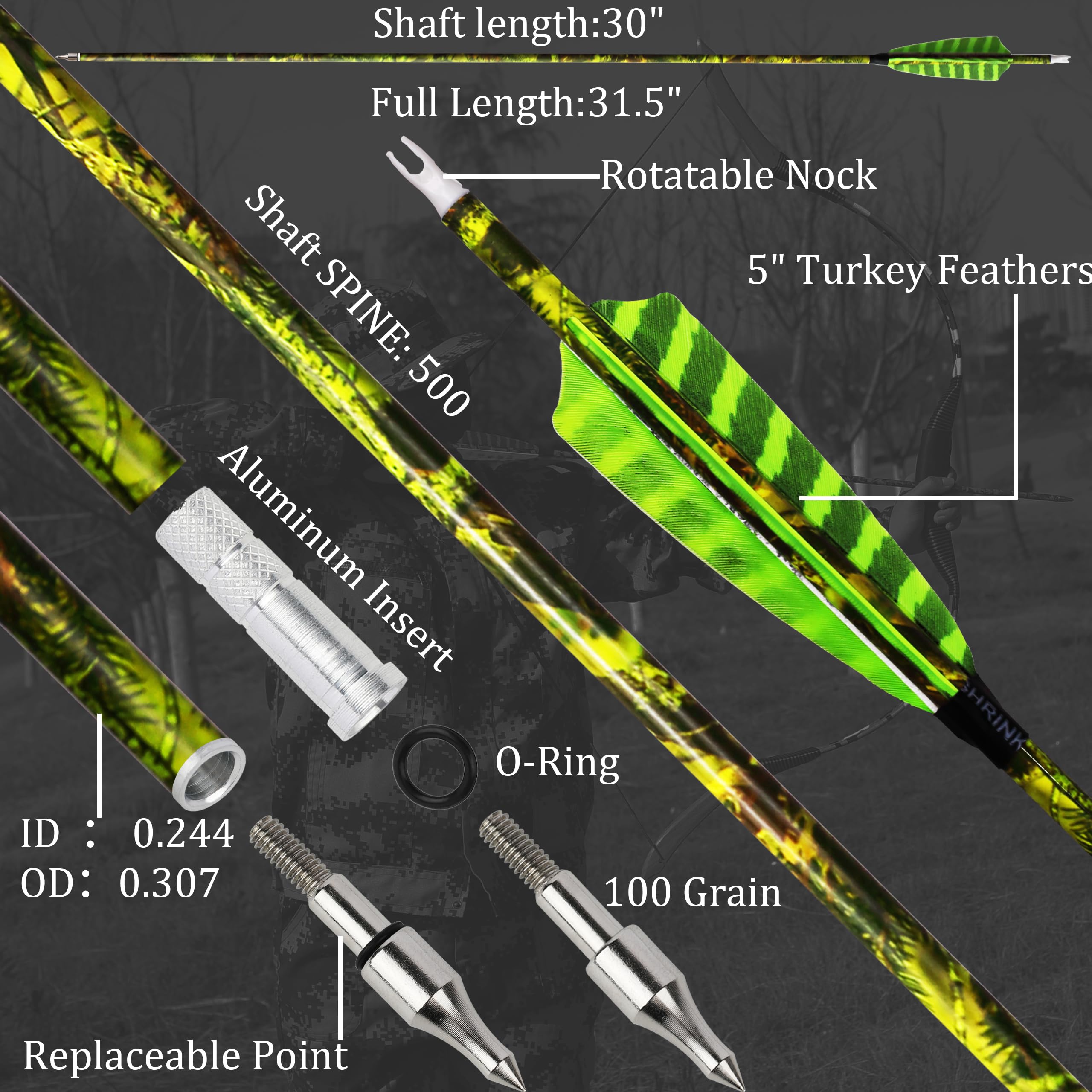 30 Inch Camo Carbon Arrows 500 Spine Archery Hunting Arrows with 4