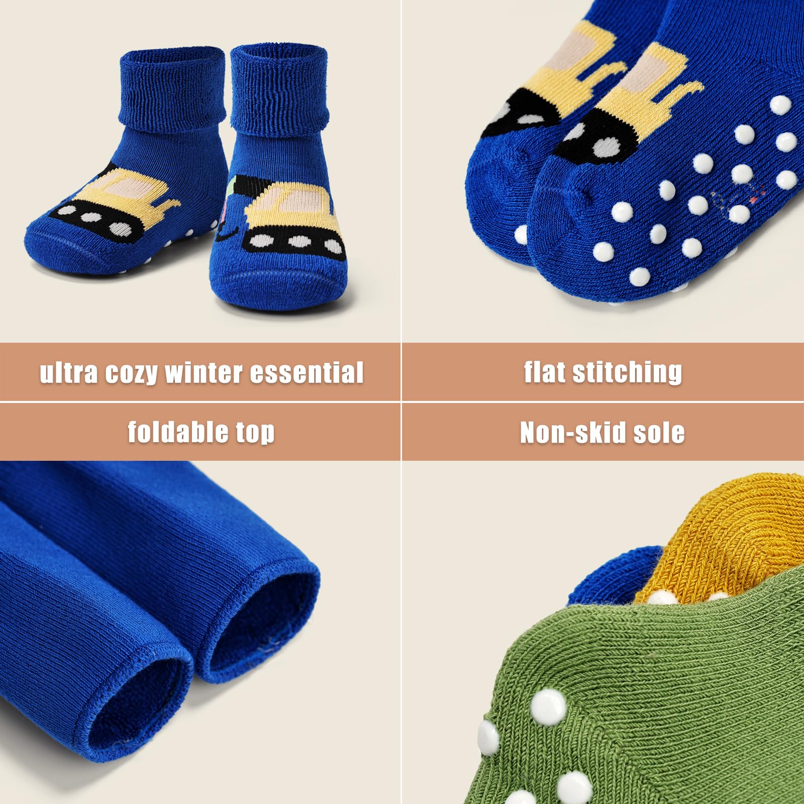 Baby Non Slip Socks Thick Baby Winter Warm Socks with Grips for Baby Cotton Socks Multipack 6 Pairs