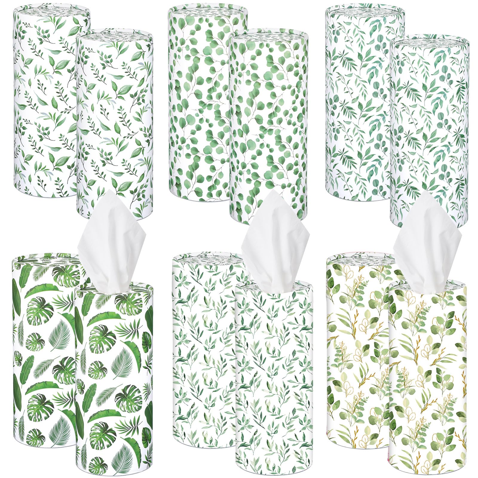 Outus 12 Pcs Eucalyptus Leaves Car Tissues Cylinder Holder with 3 Ply Facial Tissue Bulk Round Tissue Holder Travel Tissues Boxes Container for Car Cup Wedding Birthday Party