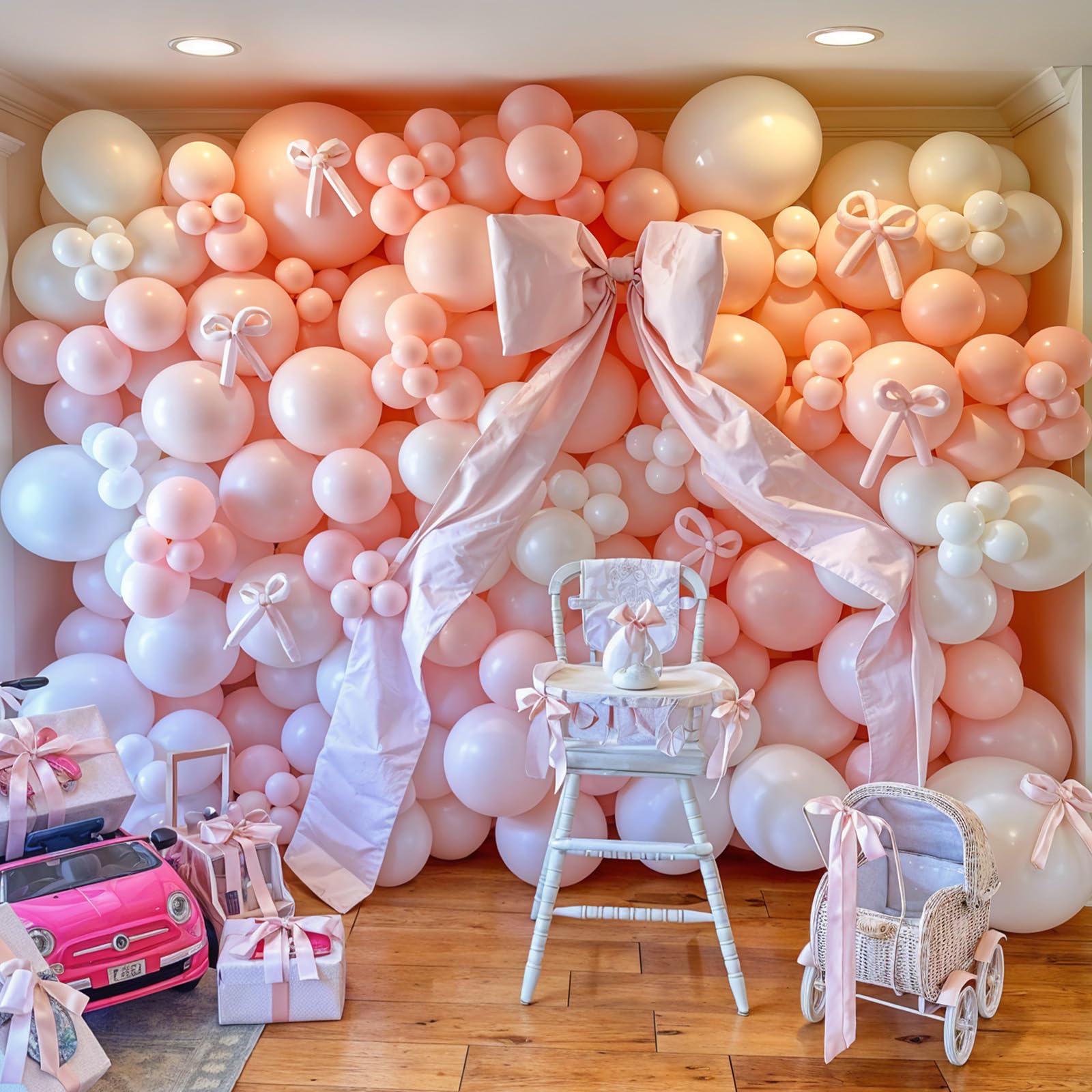 HILAVO Zestaw łuków balonowych z różowymi i białymi balonami, girlanda, 91 szt., , dekoracja urodzinowa, biały, pastelowy, jasnoróżowy, kokarda, balon dla dziewcząt, księżniczki, na baby