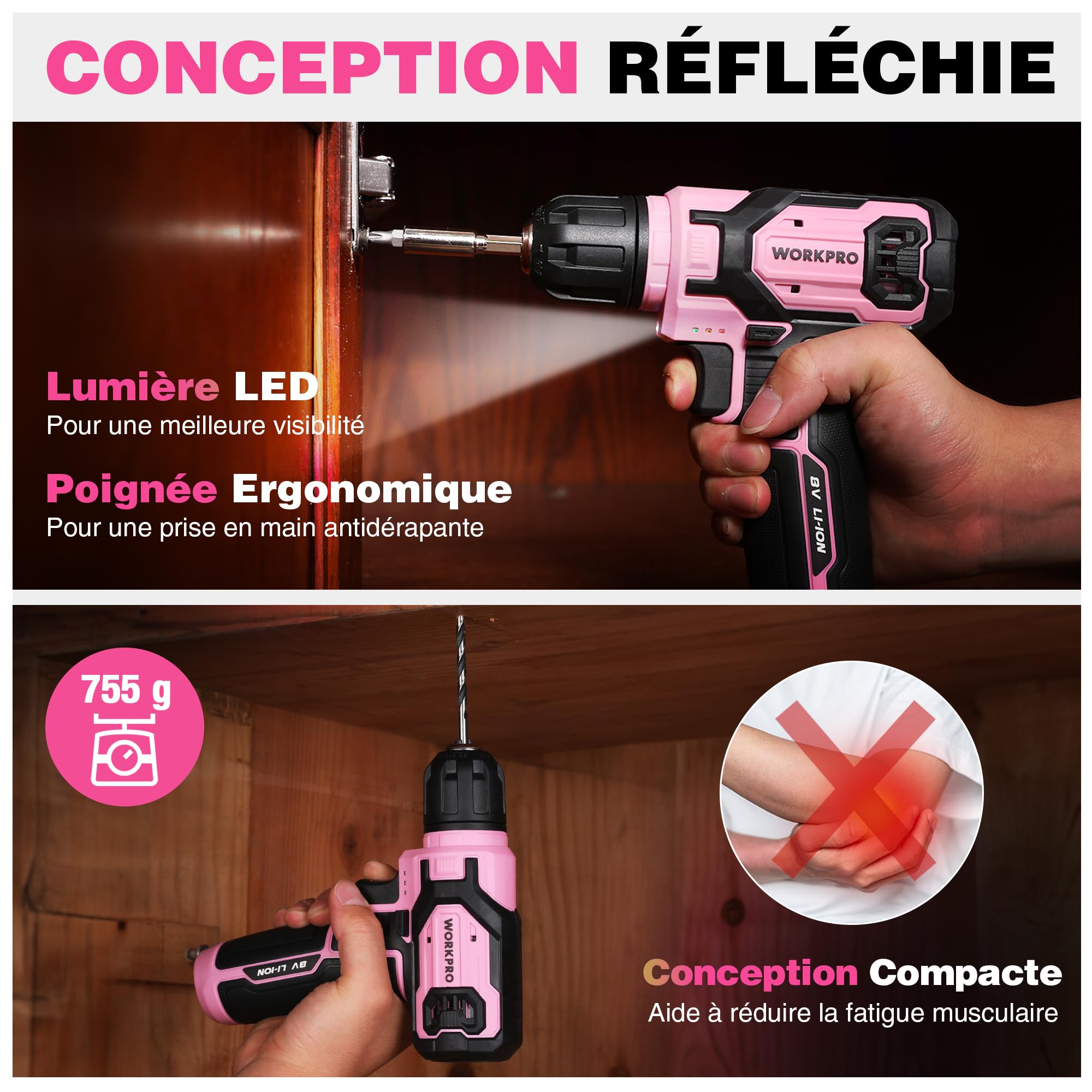 WORKPRO Perceuse Visseuse Sans Fil 8V, Mandrin 10mm, Kit 21 Pièces | Visseuse 2 en 1 avec LED, Charge USB-C, Accessoires 22 pièces pour Réparation Maison et DIY