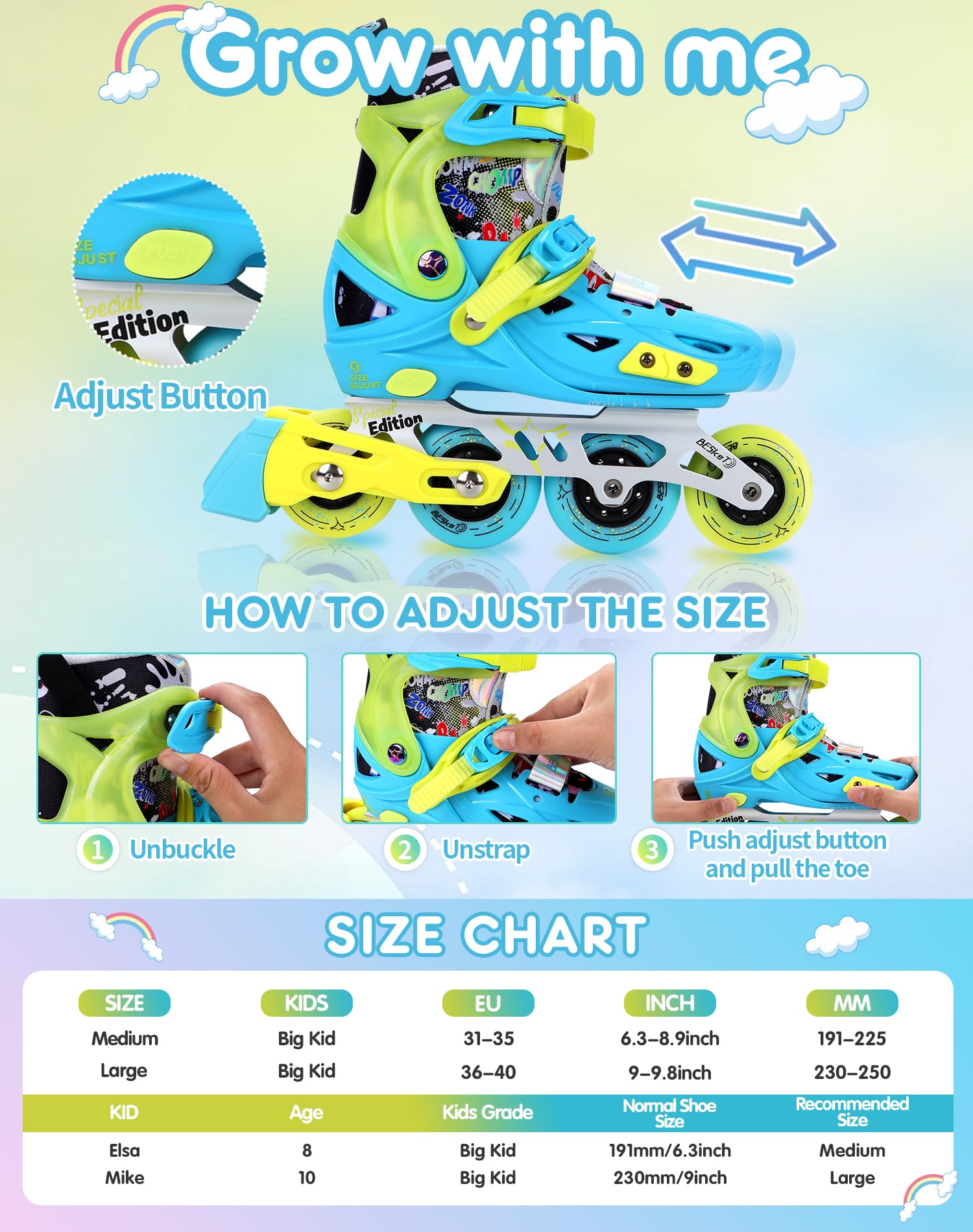 Besketo Inline Skates for Youth, 5 Sizes Adjustable Kids Roller Blades, Indoor Outdoor Skates Sports for Girls and Boys, Blades Roller Skates for Beginner Women Men - Medium - Blue