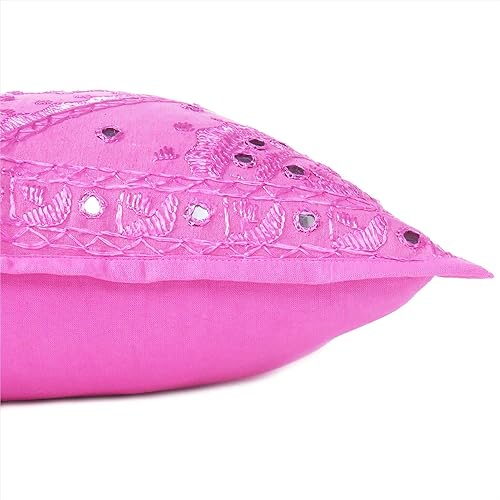 Miniatura 6 de Eyes of India Funda de cojín decorativa bohemia bordada con espejos, hecha a mano con acento bohemio para sofá, dormitorio, sala de estar (rosa, 16
