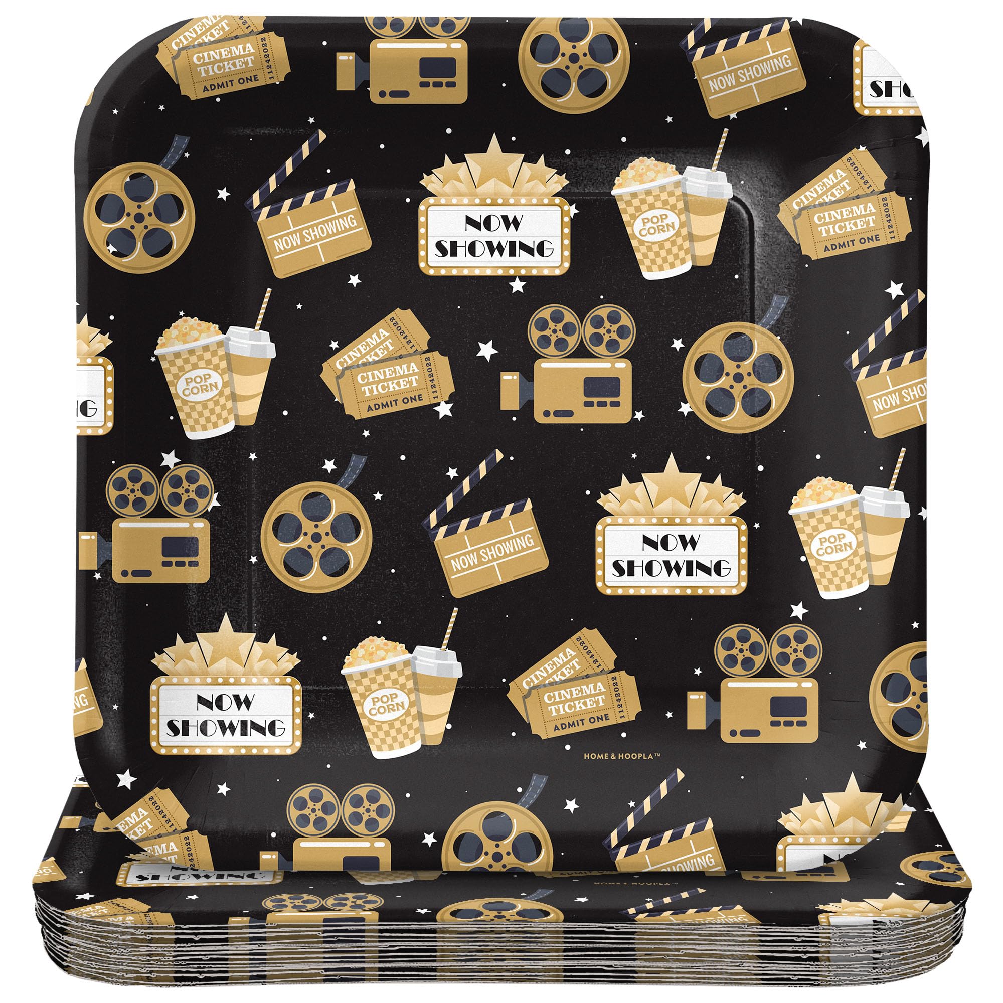 HOME & HOOPLAMovie Party Supplies - Black & Gold Movie Premier Square Paper Dinner Plates for 16 Guests