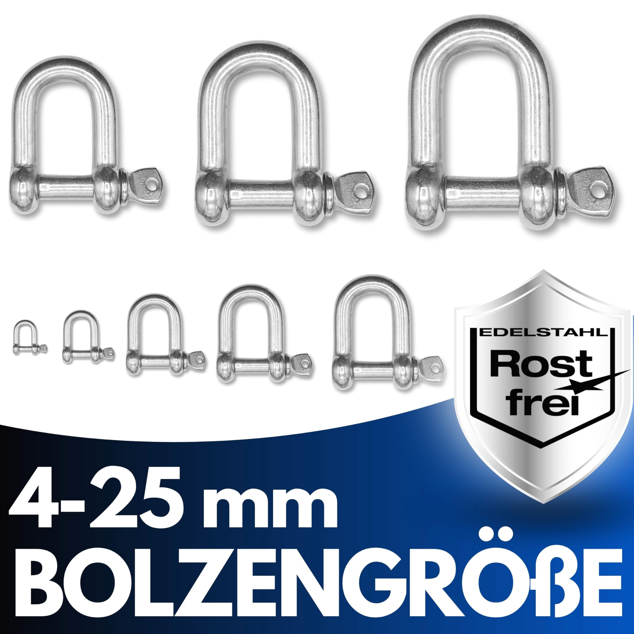 Produktbild von Edelstahl Schäkel 5mm – Rostfrei V4A (304) – D-Form, Bruchlast 230kg – 4 Stück – Für Seilzug, Boot & Camping