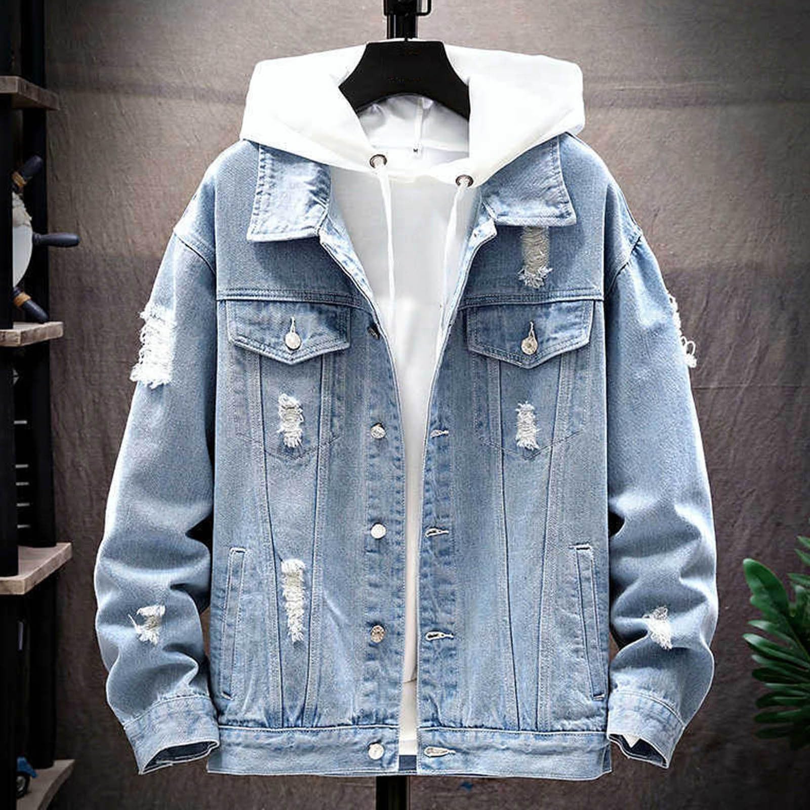 Generico Giubbotto Di Jeans Uomo Giacca Uomo Denim Tinta Unita con Maniche Lunghe per Stile Casual Autunnale e Invernale