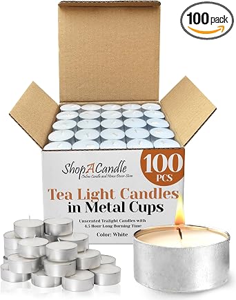 100 Pack Tealight Candles in Metal Cups - Clean, White Unscented with 4.5 Hour Long Burning Time - Votive Candles Bulk for Romantic Dinner, Weddings, Spa & Hotels by PARNOO