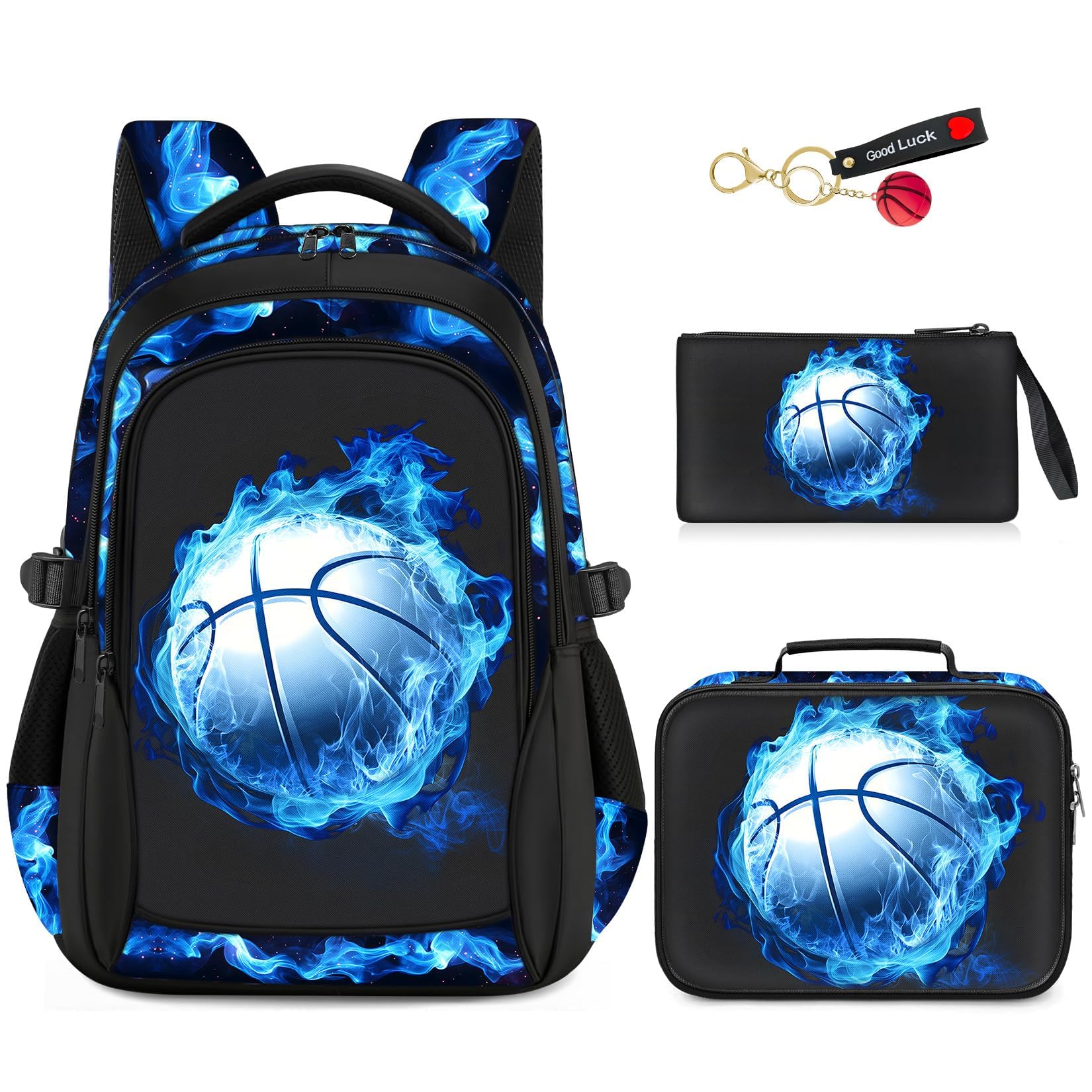 ZHIMEBYE School Backpacks for Boys - 4pcs Basketball Boys Backpacks with Lunch Box Set for Kids Teens Elementary Middle School, 17″ Large Capacity