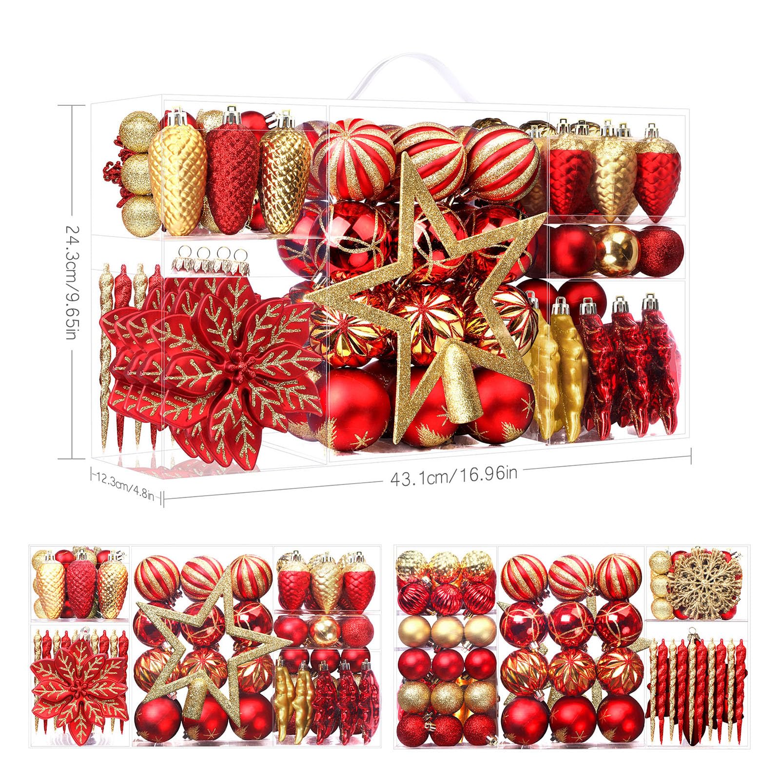 SHareconn 2025 Nuovo set di ornamenti di 106pcs Baubles di Natale, Baubles decorativi di plastica infrangibile per decorazioni dell'albero di Natale, Rosso rubino E Oro