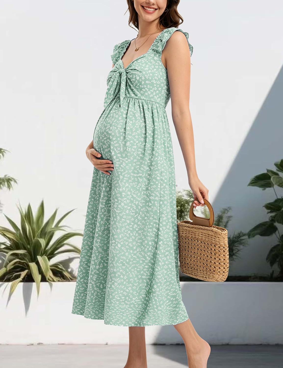 Summer Maternity Midi Dress for Baby Shower Bow Tie Neckline Ruffle Sleeves Pregnancy Dress for Photoshoot