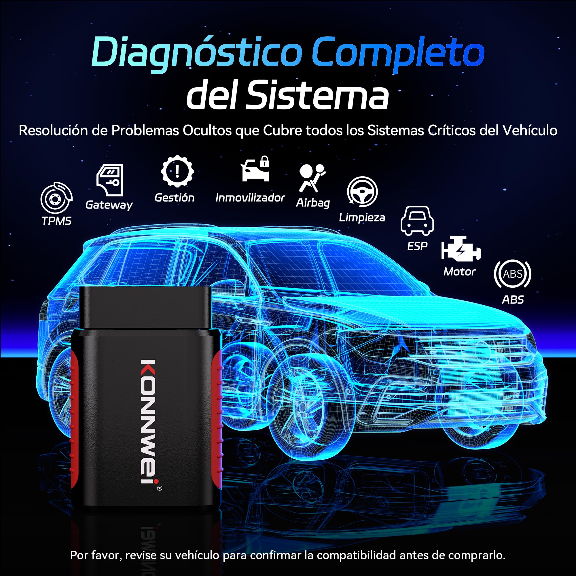 KONNWEI KDIAG - Escáner OBD2 Bluetooth, herramienta de diagnóstico para todo el sistema, 5 reinicios, comprobación del lector de código del coche, prueba de rendimiento del vehículo para iOS y Android