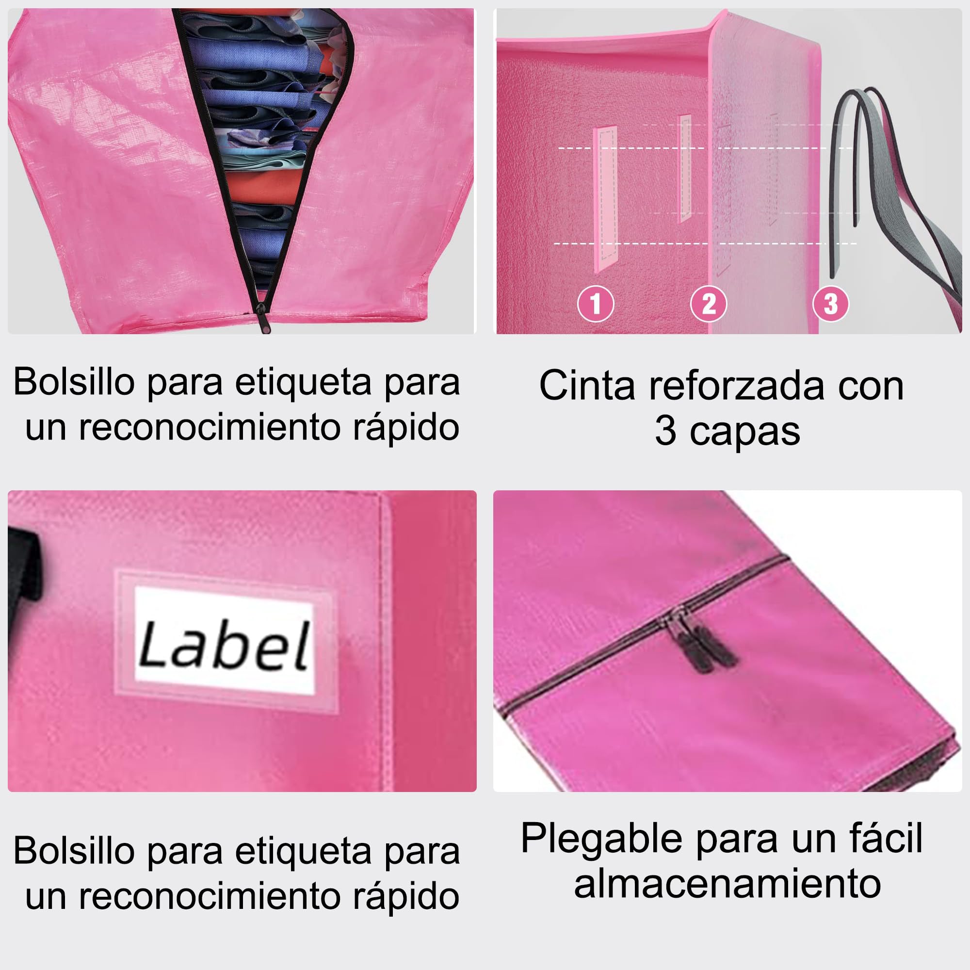 FUSHITON Bolsas de Mudanza Rosa 6 Unidades, Extra Grande 83L Bolsas de Almacenamiento con Cremallera y Asas Reforzadas, Bolsas Plegables para Mudanza, Ropa, Ropa de Cama