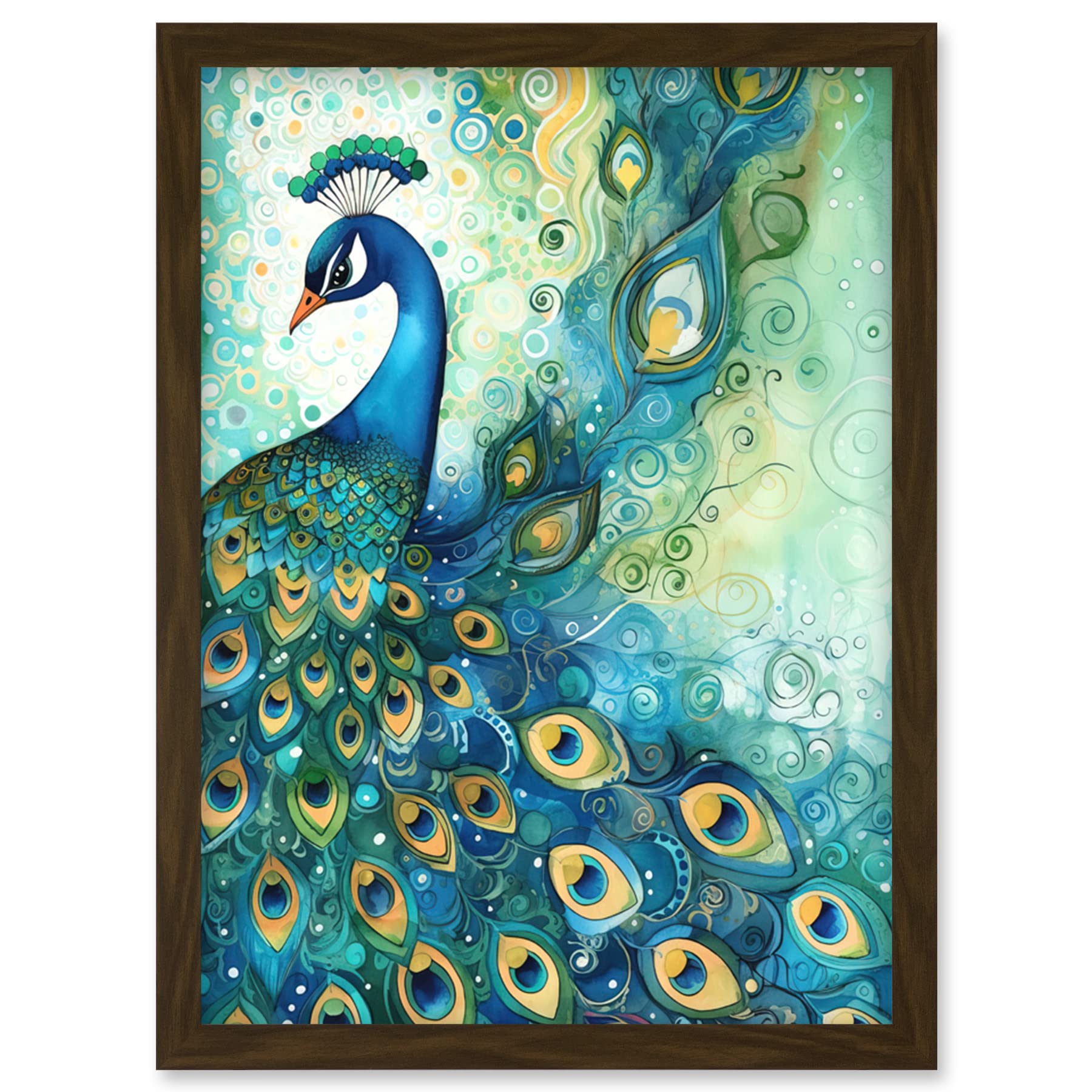 Artery8 Peacock Bird Concept Folk Art Watercolour Painting Artwork Framed Wall Art Print A4