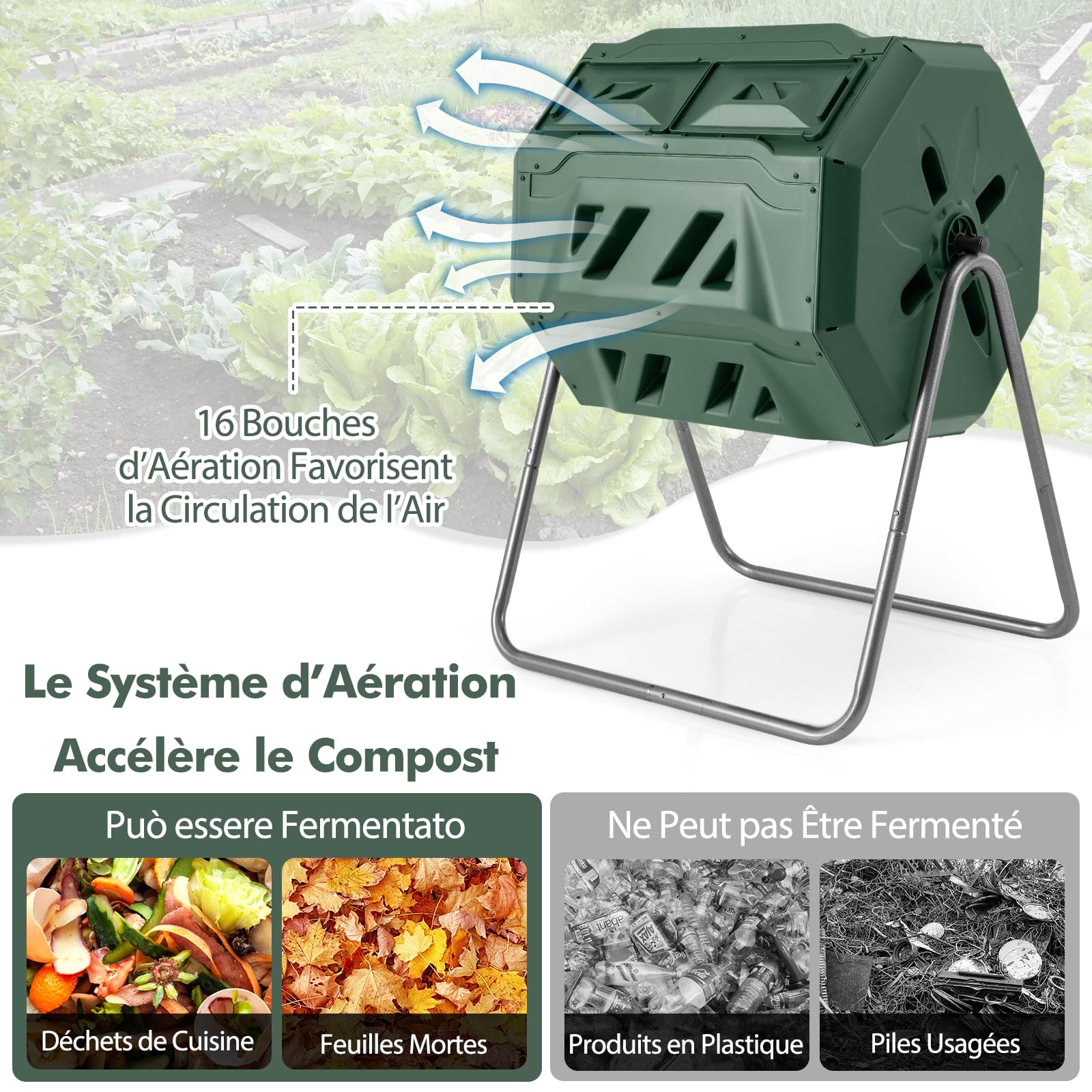 GOPLUS Composteur de Jardin, Bac à Compostage à Double Chambre de 160 L avec 2 Portes Coulissantes, Cadre en Métal, Grand Composteur Rotatif sans BPA pour Déchets de Cuisine, Jardin, Cour (Vert)