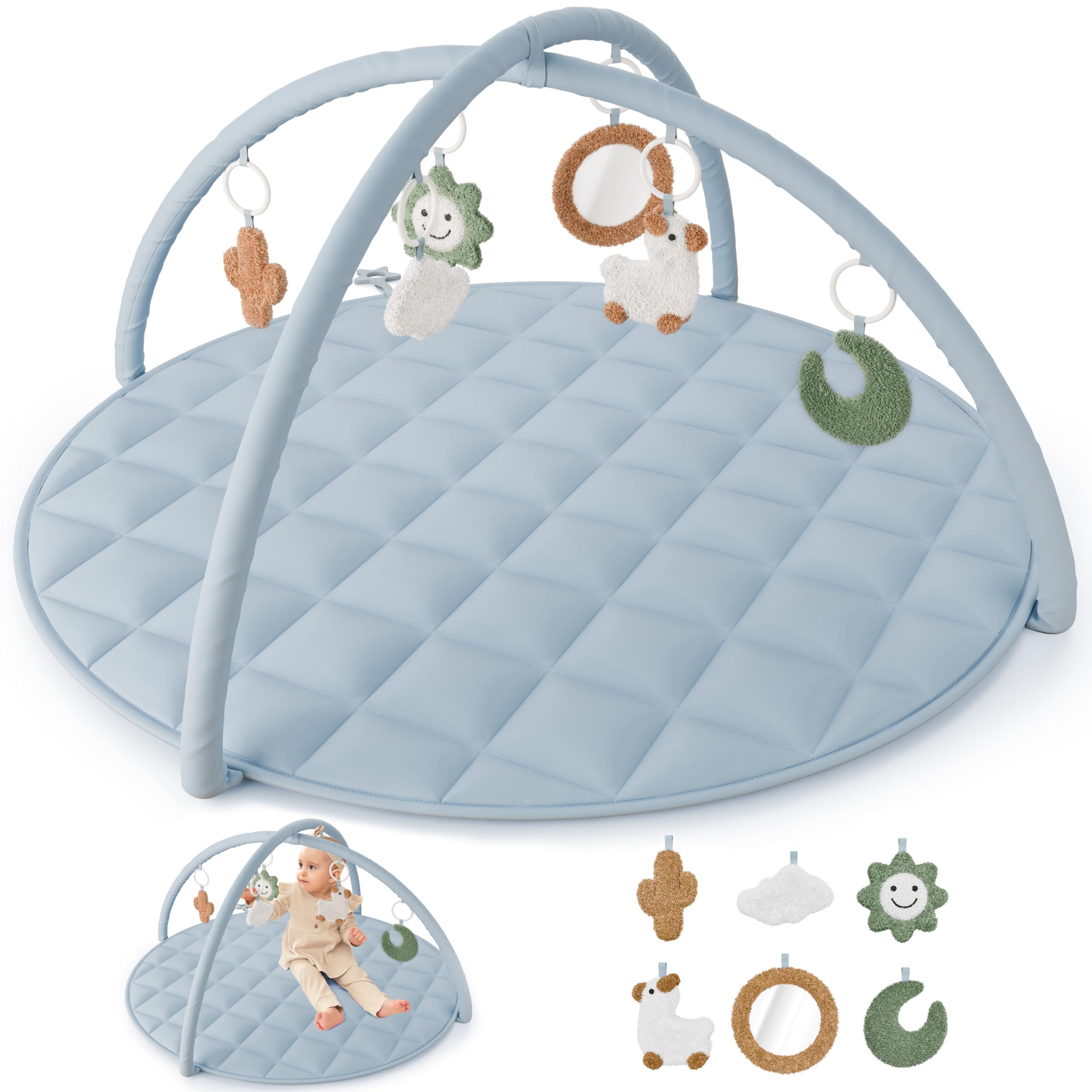 Beautiful Baby Play Gym and Tummy Time Mat - Soft Cotton Mat with 6 Cute Toys Creates The Perfect Activity Area for Your Girl/Boy - Stylish Infant Floor Playmat Fits Nicely with Any Playroom Decor