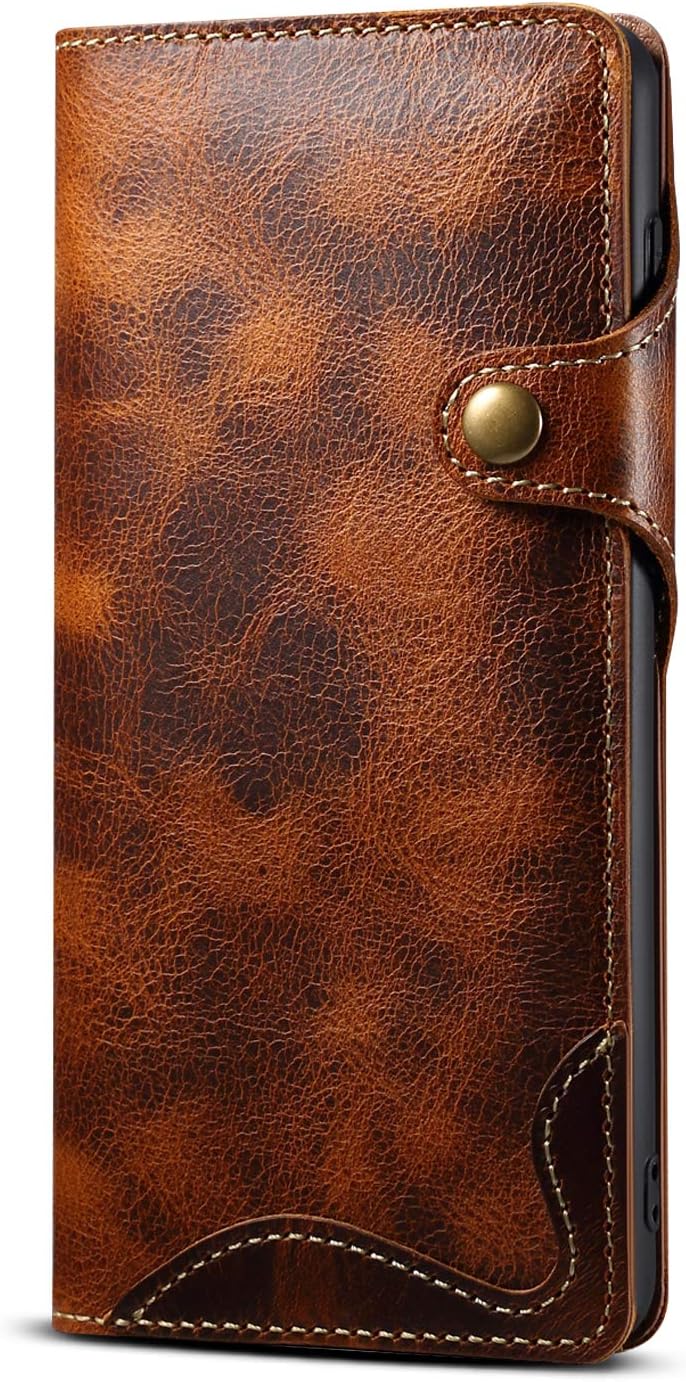 Genuine Leather Wallet Case for Samsung Galaxy S22,Classic Oil Wax Pattern Real Leather Button Card Slot Flip Stand Case Cover with Lanyard Brown