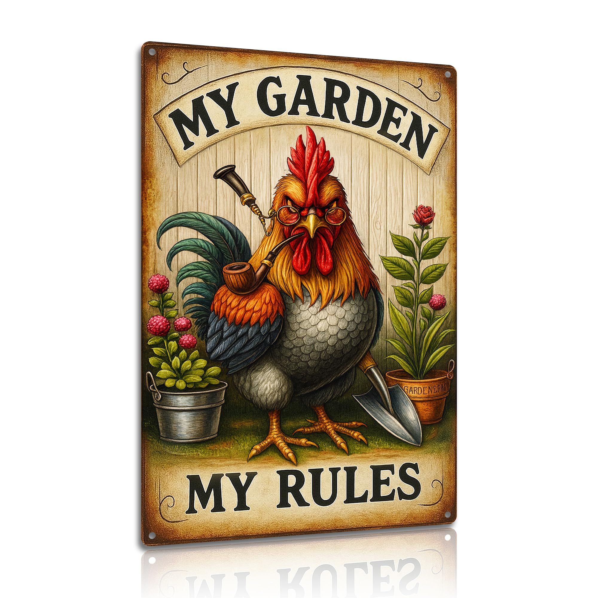 My Garden My Rules Metal Wall Sign 8×12 Inch – Funny Rooster Garden Plaque – Rustic Farmhouse Wall Art for Patio, Shed, or Greenhouse (2582)