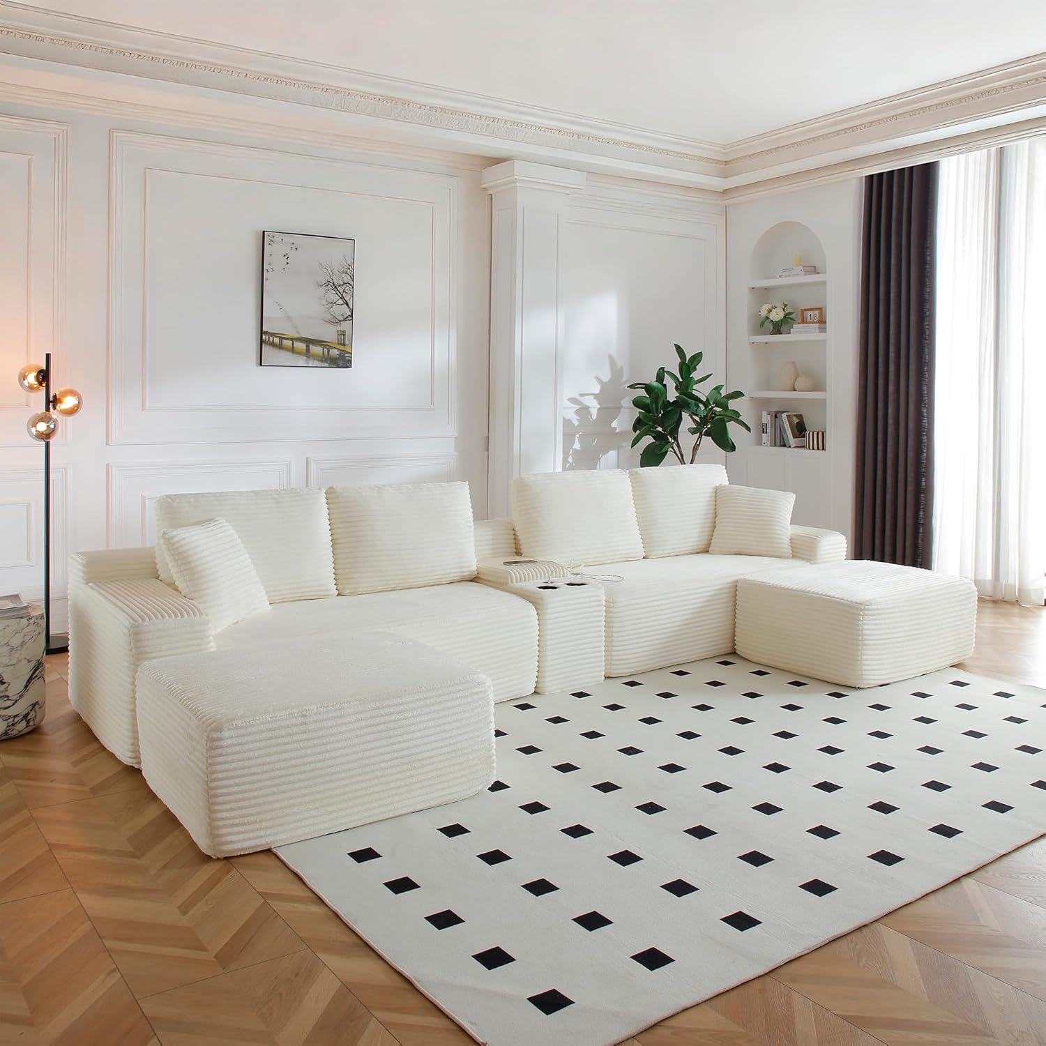 125" Cloud Couch Sectional, Modular Sofa with Cup Holder, 2 Ottoman and USB Ports, Corduroy U Shaped Boneless Sofas, Couch in a Box, No Assembly Required, Beige Couches for Living Room