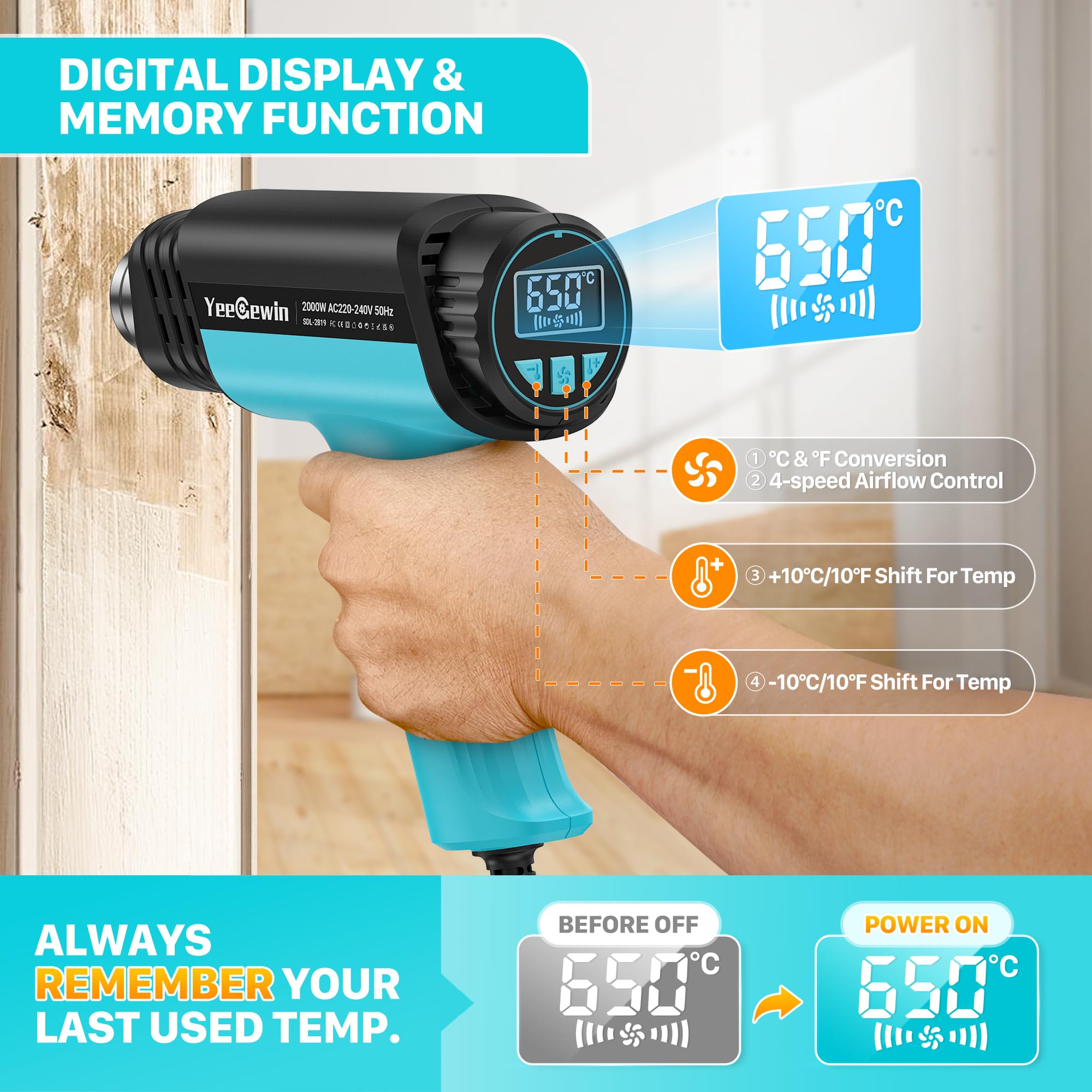 Décapeur Thermique 2000W, Température Variable de 50-650 ℃ avec Écran LCD et Protection Contre les Surcharges, Pistolets à Air Chaud Pour le Décapage de Peinture et le Thermorétractable