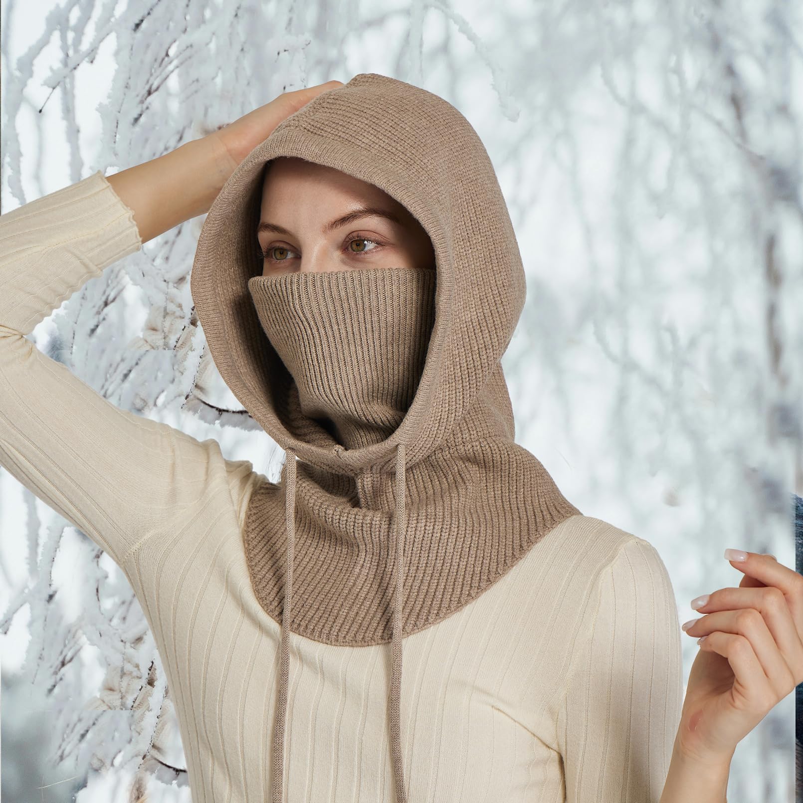 Facecozy Sturmhaube aus Strick für Damen Herren Wintermütze mit Gesichtsmaske Atmungsabweisende Ski-Maske Halstuch Mütze Damen Winter (Camel)