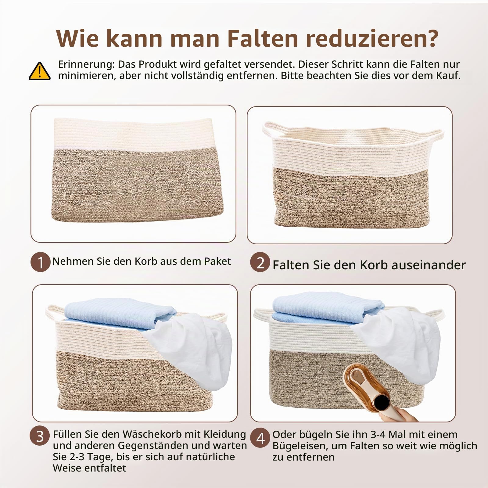 Korb Aufbewahrung Groß mit Griff für Babykleidung Spielzeug Decke Bettwäsche Handtuch,55 * 38 * 30cm,Geeignet für Wohnzimmer Schlafzimmer Badezimmer(Braun-Weiß)