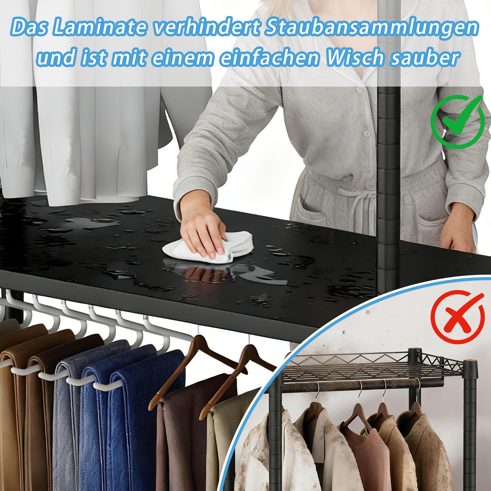AQRA Offener Kleiderschrank, Fahrbarer Schwerlast Kleiderständer aus Metall | Auf Rollen, Tragkraft 200kg, 2 Kleiderstangen, 3 Ablagen, 2 Haken, Maße 90×40×200cm