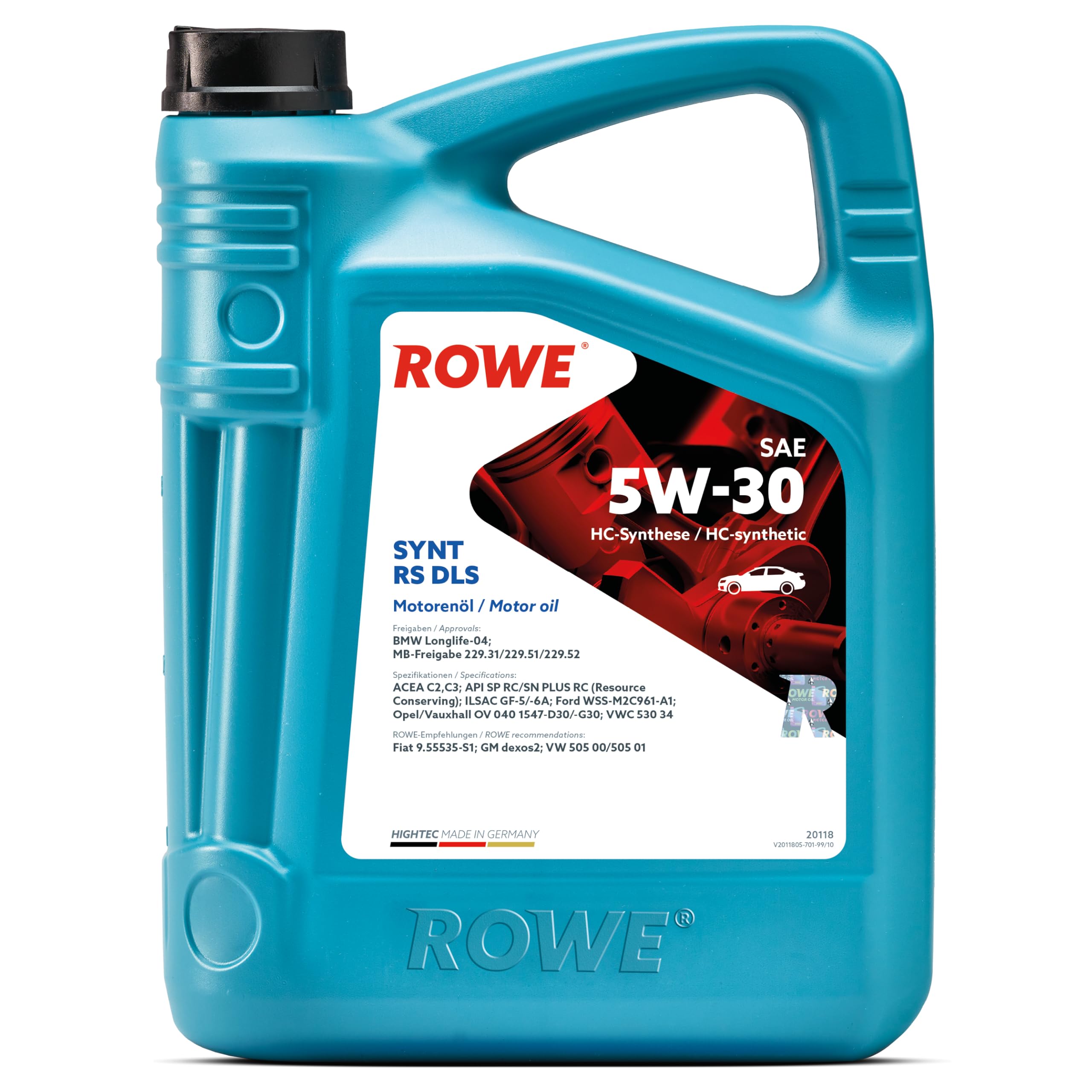 ROWE Aceite de motor 5W-30 HIGHTEC Aceite sintético HC (Hydro Cracked) ACEA C2 ACEA C3 API SN SYNT RS DLS 5L Compatible con VW Polo V Hatchback 6R1, 6C1 Golf 7 Hatchback 5G1, BQ1, BE1, BE2, OPEL, BMW | Aceite de motor de síntesis HC para motores diésel y