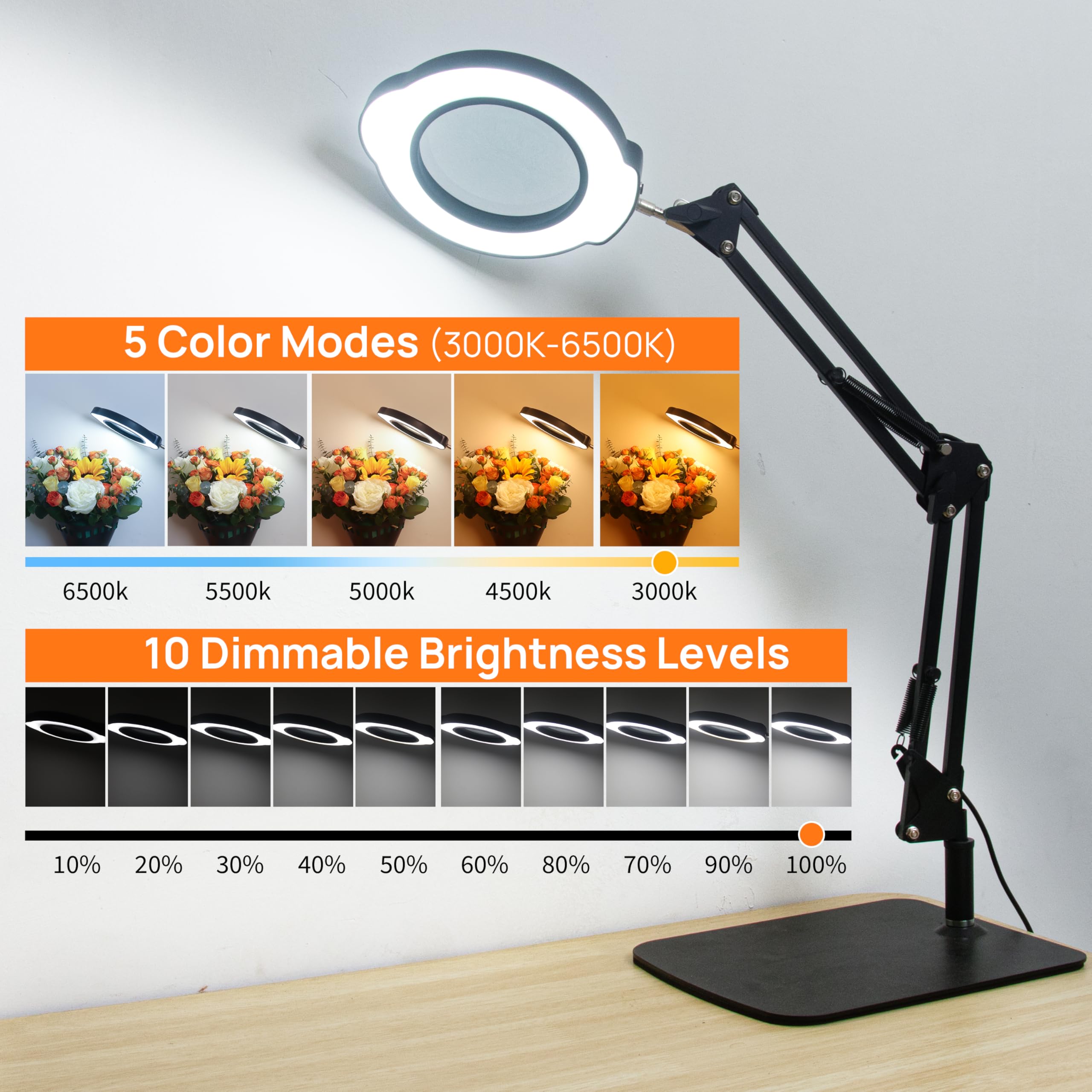 Lupa cuadrada de 10 x con luz y soporte, lámpara de lupa de vidrio real, 5 modos de color regulable