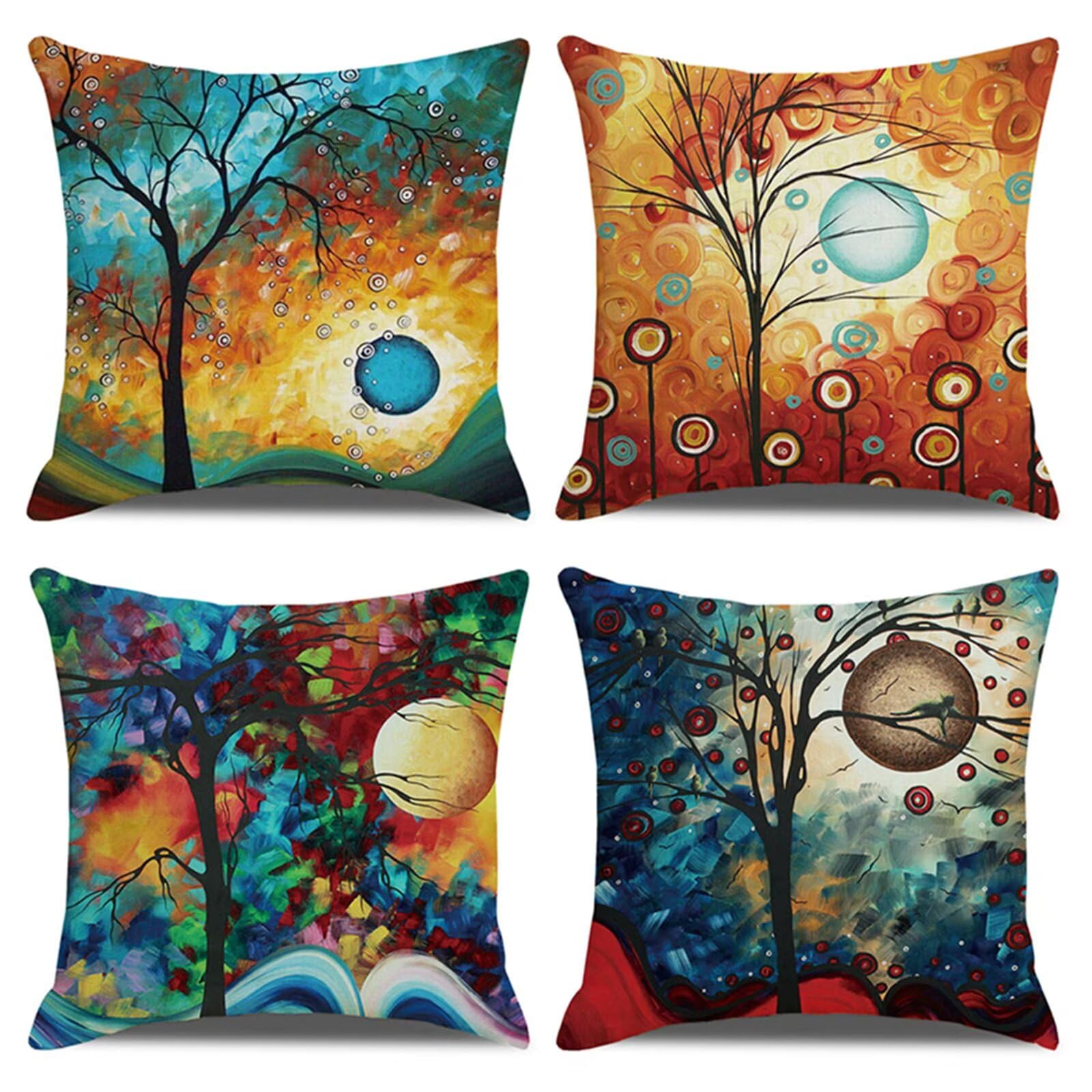 Juego de 4 Impermeable Funda de Cojín Mes del árbol abstracto,45x45cm Moderno Suave Transpirables Lino Fundas de Almohada Cojines Decorativos con Cremallera Oculta para Exterior Sofá Cama Coche Hogar