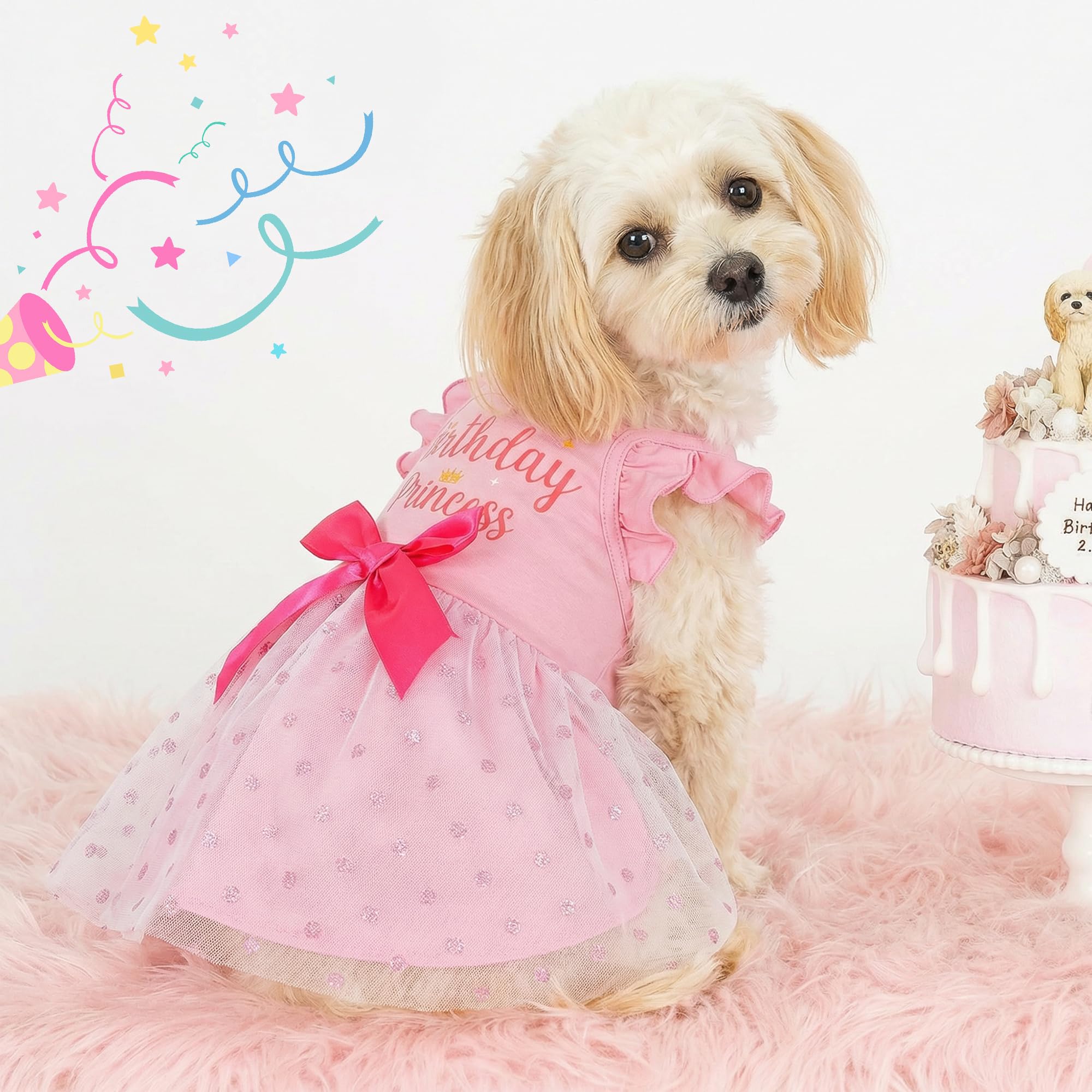 Dog Dress for Small Dogs Girl Ruffle Sleeves Bowknot Slip Dress Birthday Holiday Outfit for Small Medium Dogs Cats Pets - 3