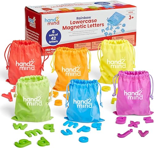 hand2mind Letras magnéticas en minúscula de arcoíris, letras magnéticas de plástico para aula, letras del alfabeto para niños, reconocimiento de