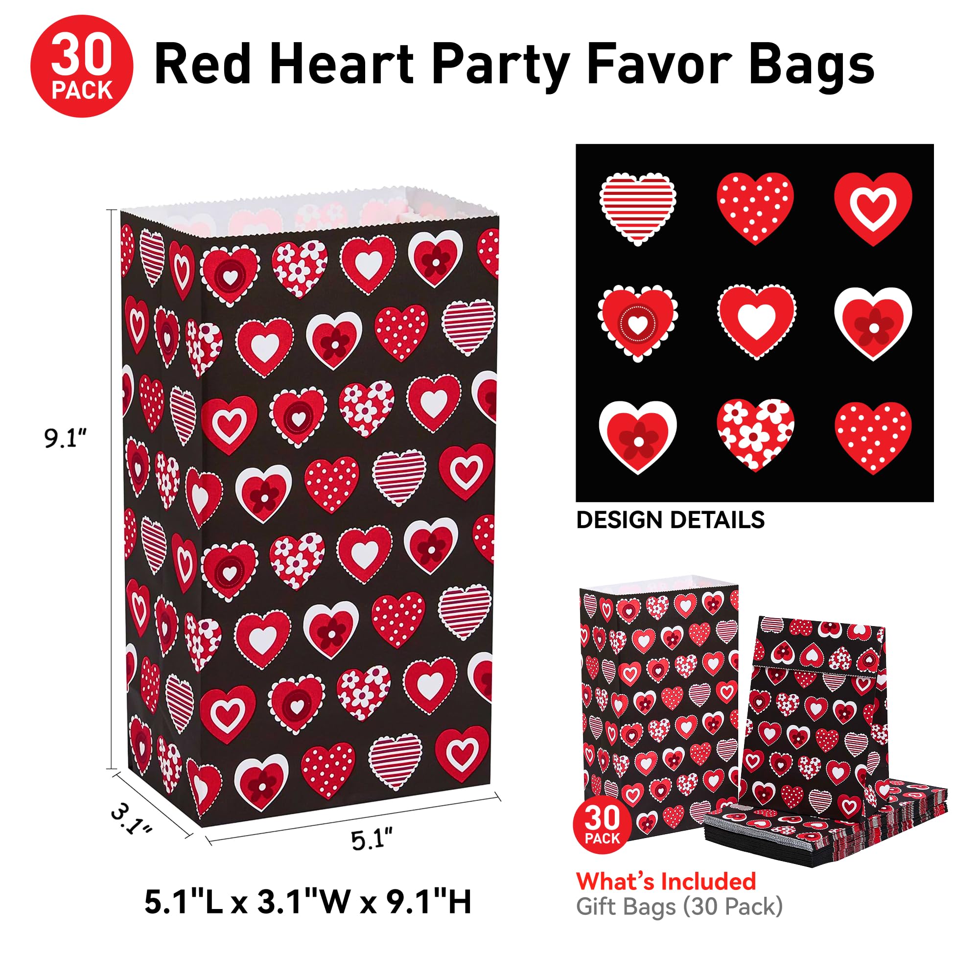SUNCOLOR 30 Pack Red Heart Party Favor Bags Goodie Bags for Kids Class Party Gift Bags/Valentines Day/Mother's day