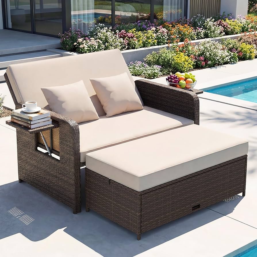 GIANTEX Lounge Möbel Outdoor, Rattan Gartenlounge Set mit Hocker, Gartensofa mit Liegefunktion, Balkon Lounge Set, Doppelliege Outdoor Sofa, Balkonmöbel Sonneninsel Loungebett mit stauraum Garten