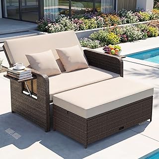 GIANTEX Lounge Möbel Outdoor, Rattan Gartenlounge Set mit Hocker, Gartensofa mit Liegefunktion, Balkon Lounge Set, Doppelliege Outdoor Sofa, Balkonmöbel Sonneninsel Loungebett mit stauraum
