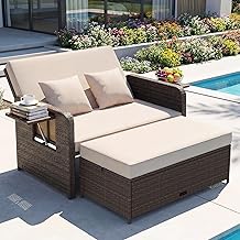 GIANTEX Outdoor Lounge Furniture, Rattan Garden Lounge Set with Stool, Garden Sofa with Reclining Function, Balcony Lounge Set, Double Lounger Outdoor Sofa, Balcony Furniture Sun Island (Mixed Brown + | Three in one design