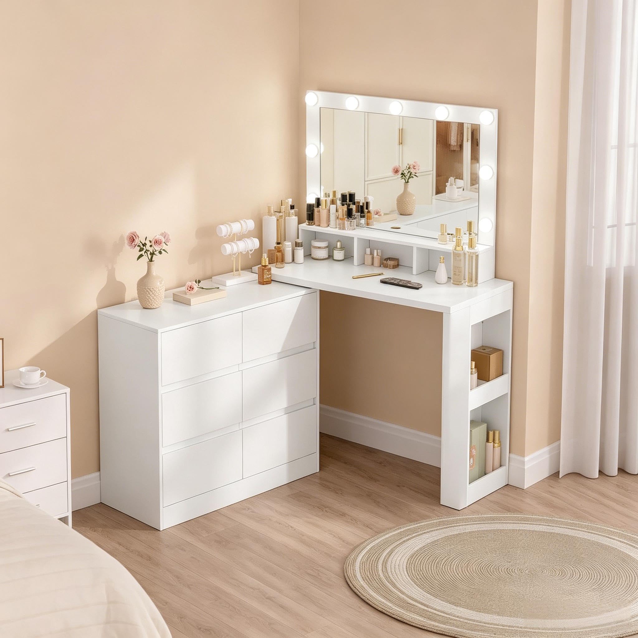 Tavolo da toeletta con specchio LED, a forma di L, 6 cassetti