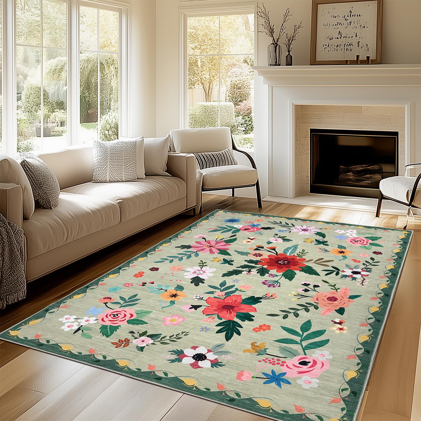 Tapis bohème vert 1,5x2,13m USTIDE lavable à poils bas pour salon et chambre