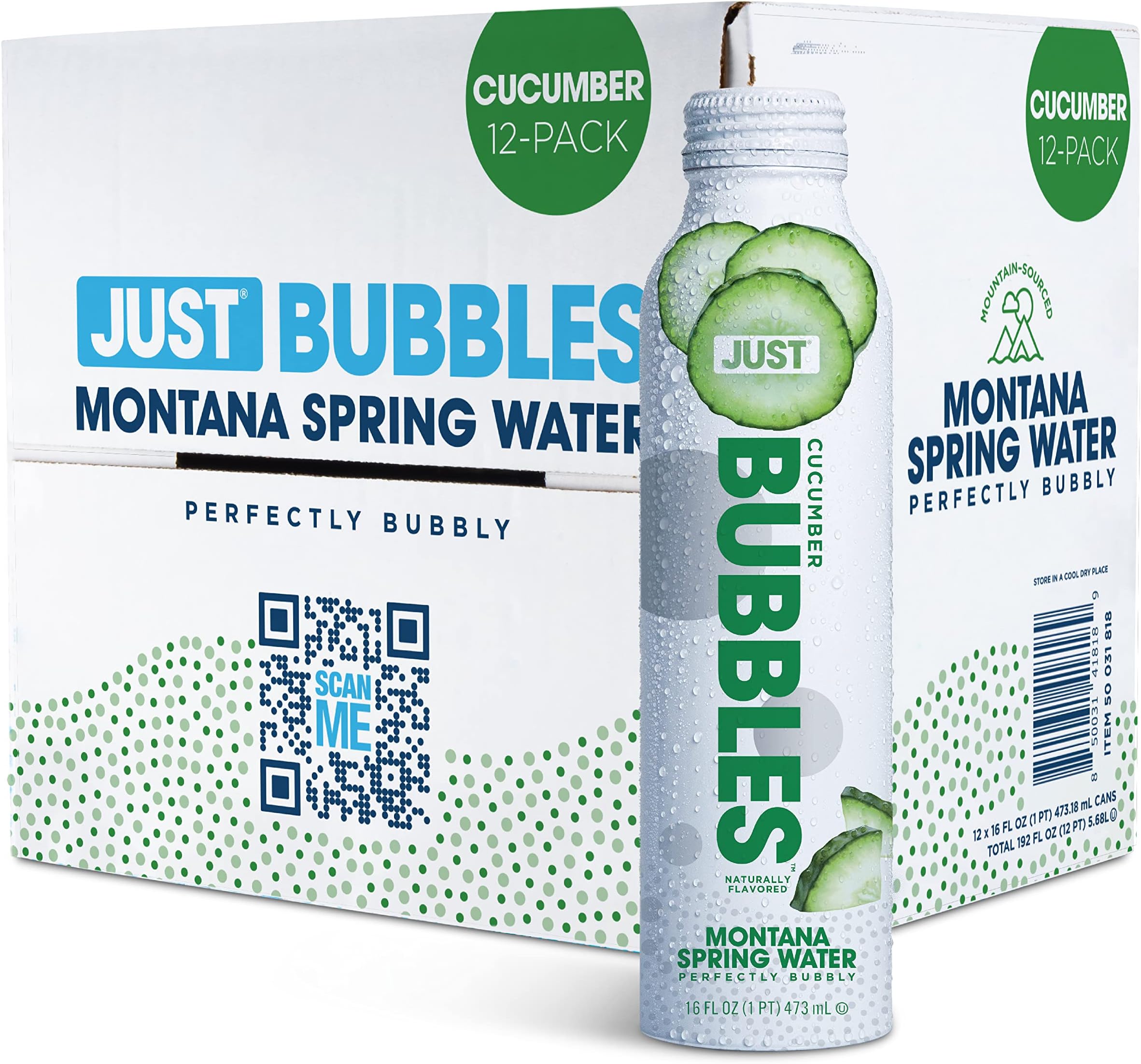 JUST Water Bubbles Cucumber - Pure Premium Sparkling Spring in a Fully Recyclable Reusable Eco-Friendly Bottle - 100% Mountain-Sourced Carbonated with Naturally Occurring Minerals, 16 Fl Oz