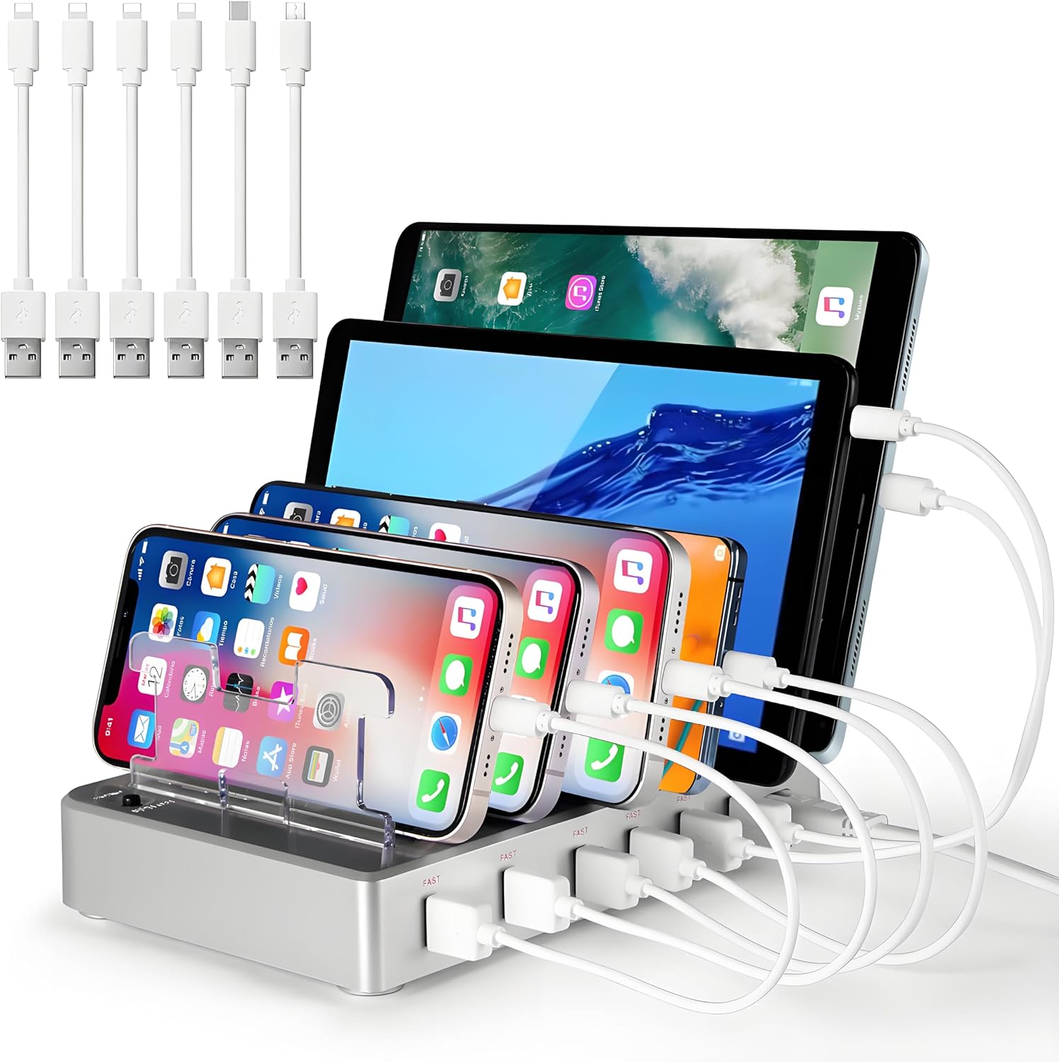 Charging Station, Cell Phone Charging Station for Multiple Devices, 6 Ports USB Multi Devices Charger Fast Charging Station for iPhone iPad Cell Phone Tablets (Silver, 6 Mixed Cables Included)