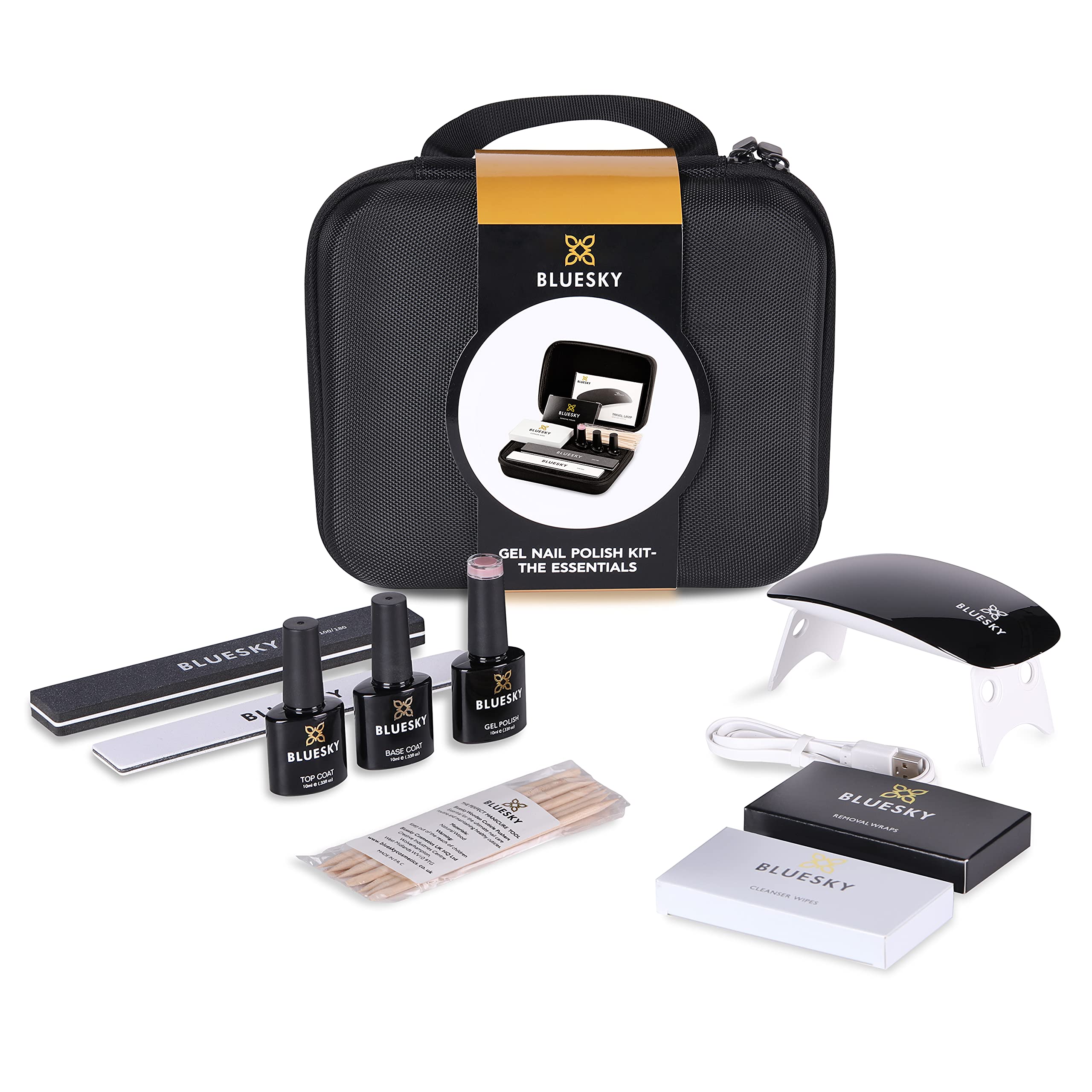 Bluesky Essentials - Kit per unghie in gel con organizer/custodia, mini lampada per unghie, base e top coat, smalto gel rosa muschio, lima e tampone, bastoncini per cuticole, salviette detergenti,