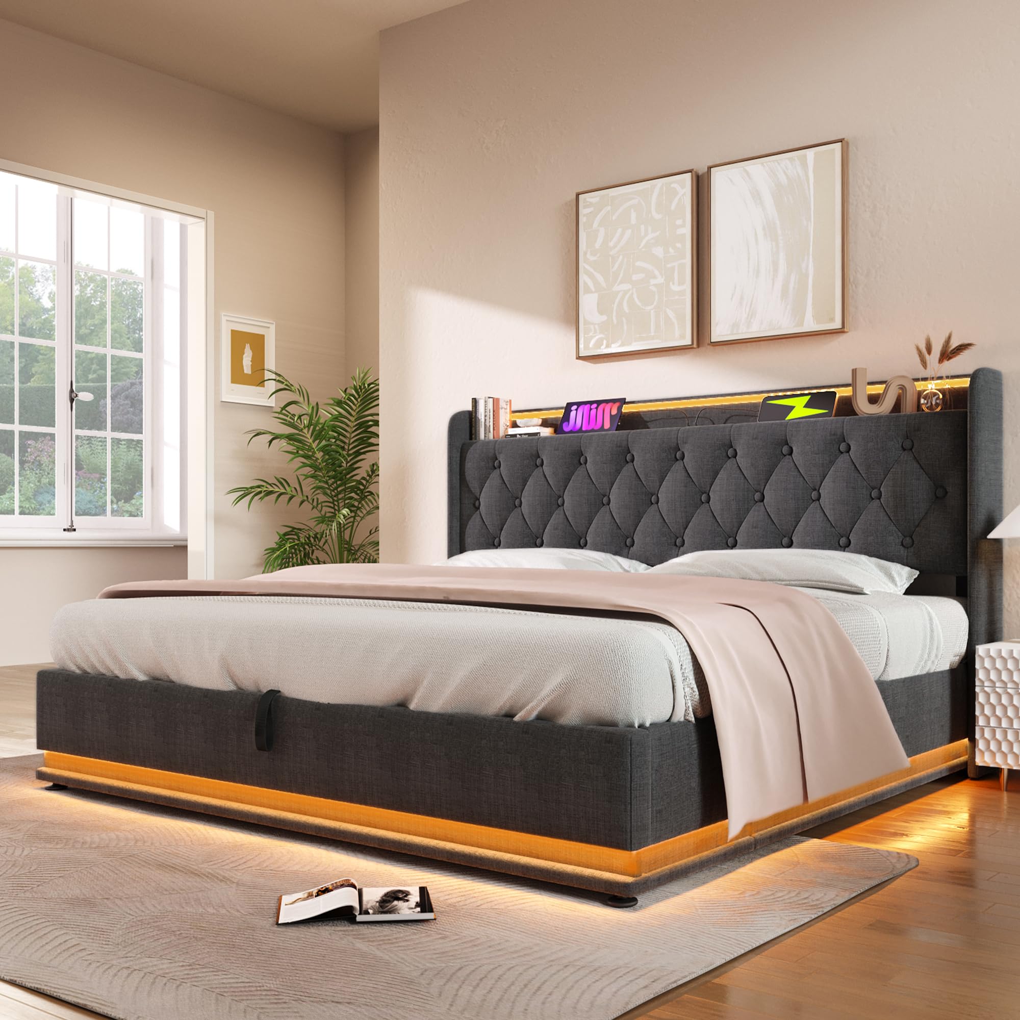 Letto contenitore doppio 160x200 cm, letto una piazza e mezza,letto imbottito con porte USB, illuminazione a LED e sistema idraulico, tessuto in lino, grigio (senza materasso)