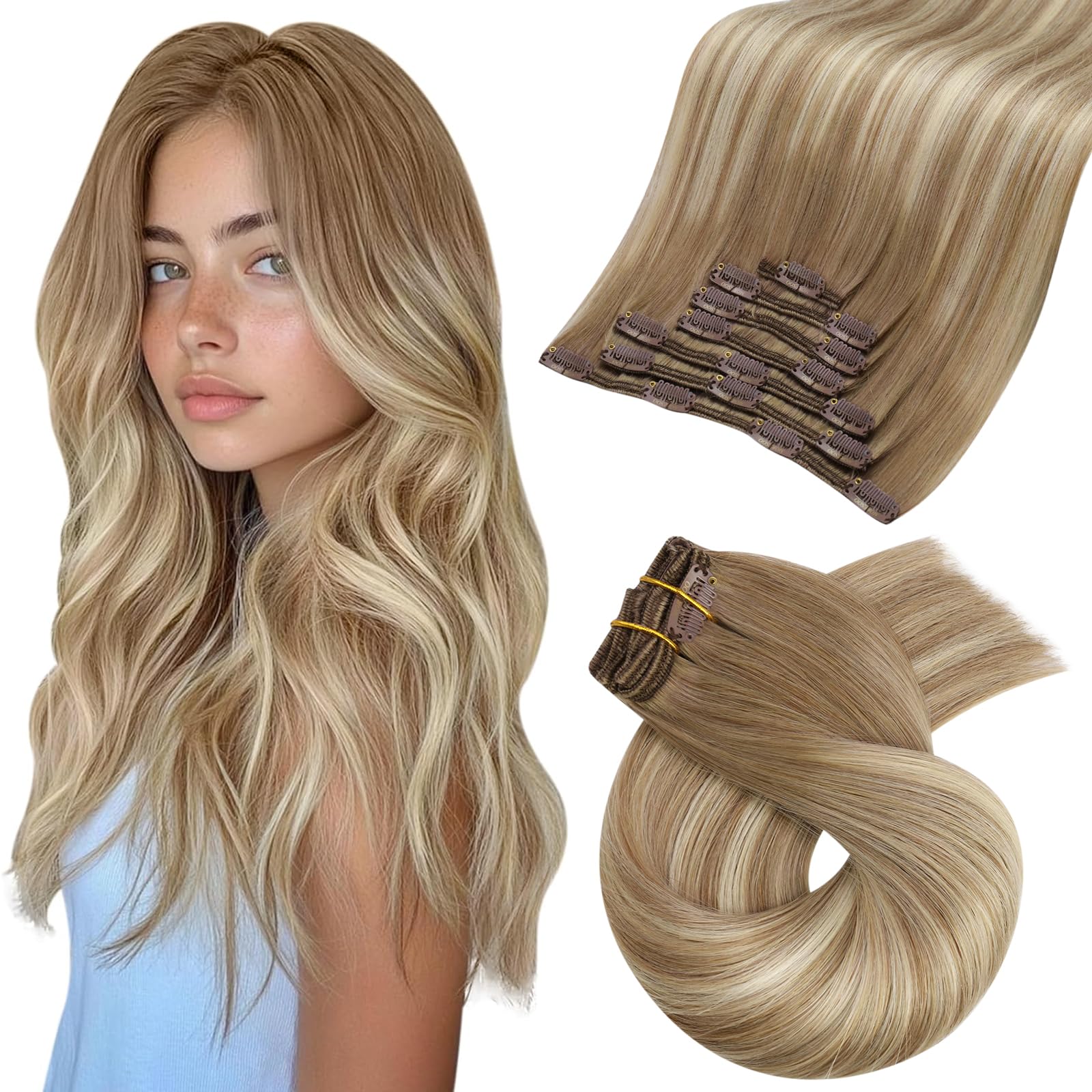 Moresoo Human Hair Extensions Clip in Real Hair Ash Blonde with Bleached Blonde Clip in Hair Extensions Remy Human Mid-length Hair Layered Add Volume 14 Inch 5pcs/80g #P18/613 — view 15