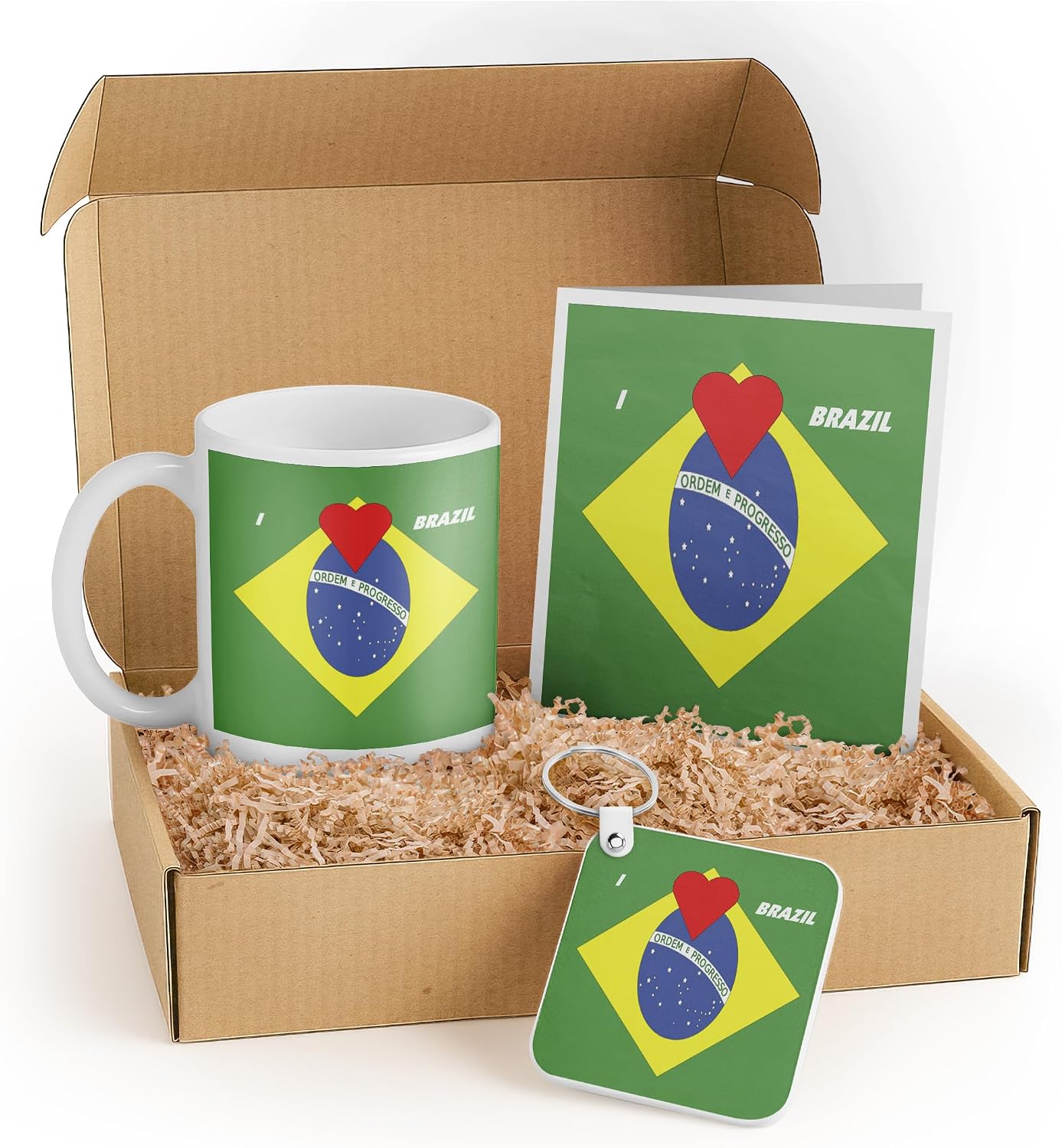 3dRose I Love Brazil Gift Set - Mug, Keychain, and Card Featuring Brazil Flag with Heart - Perfect for Brazilian Culture Lovers and Travel Enthusiasts